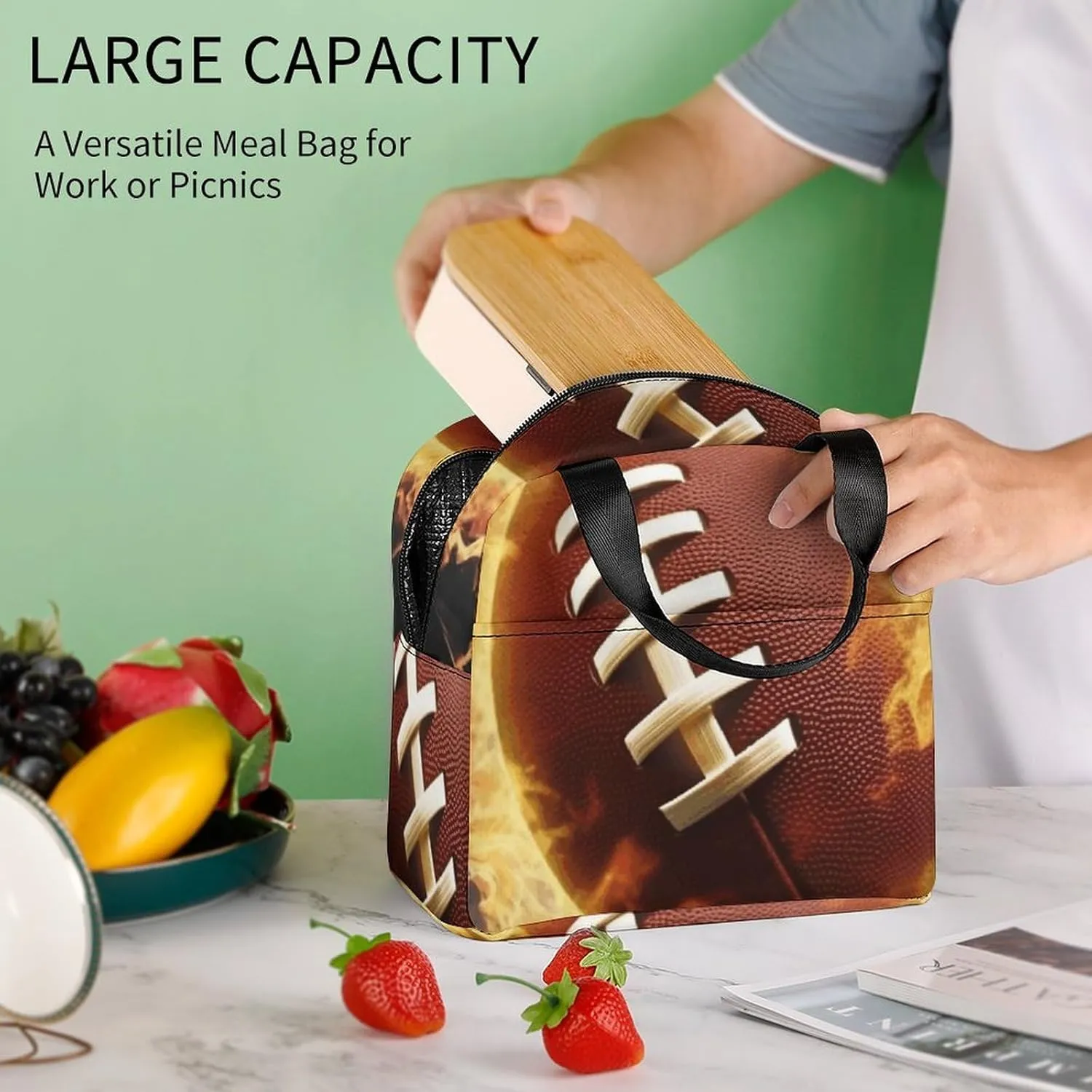 Insulated Lunch Bag Lunch Box for Woman Man Flaming American Football Lunchbox Lunch Tote Bag for Work