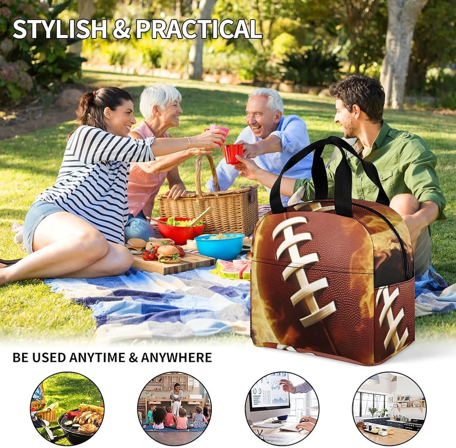 Insulated Lunch Bag Lunch Box for Woman Man Flaming American Football Lunchbox Lunch Tote Bag for Work