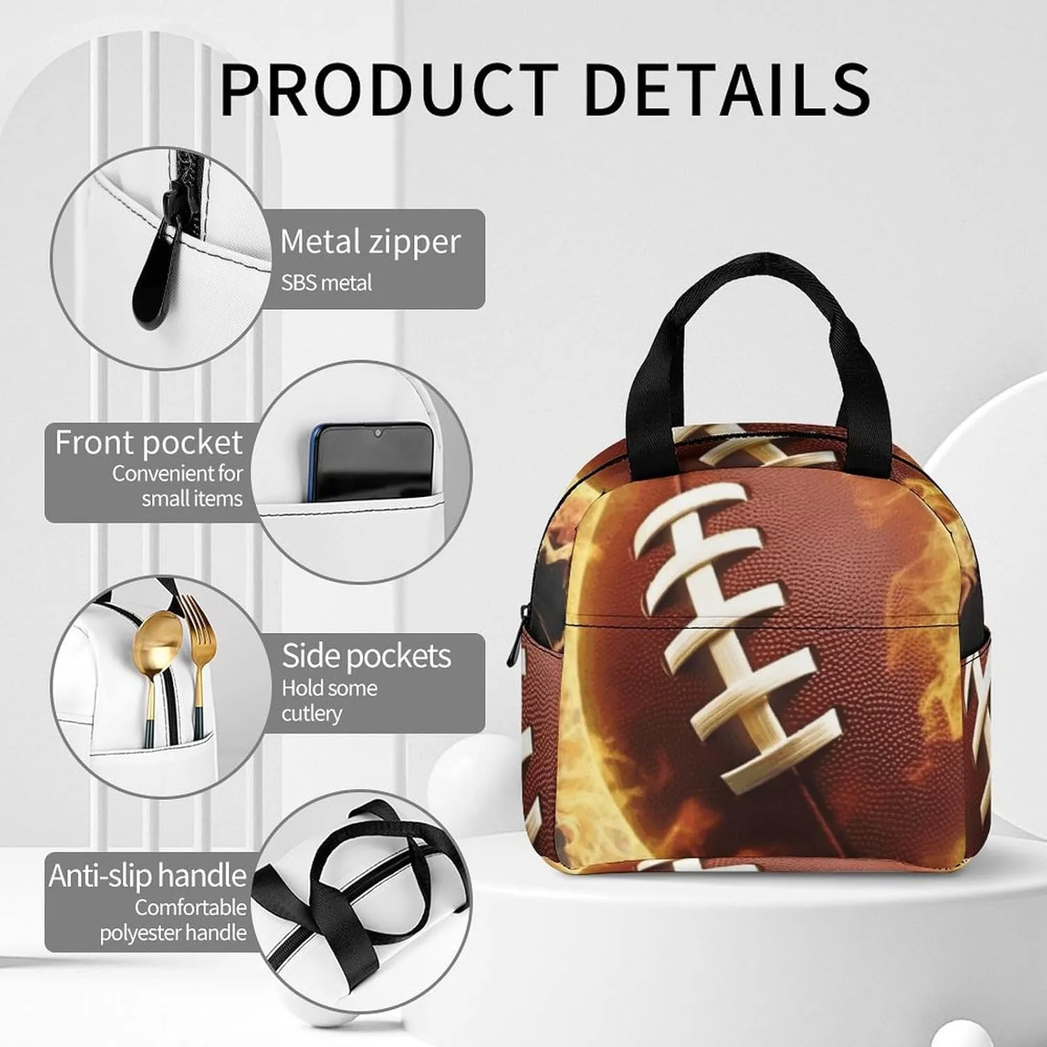 Insulated Lunch Bag Lunch Box for Woman Man Flaming American Football Lunchbox Lunch Tote Bag for Work