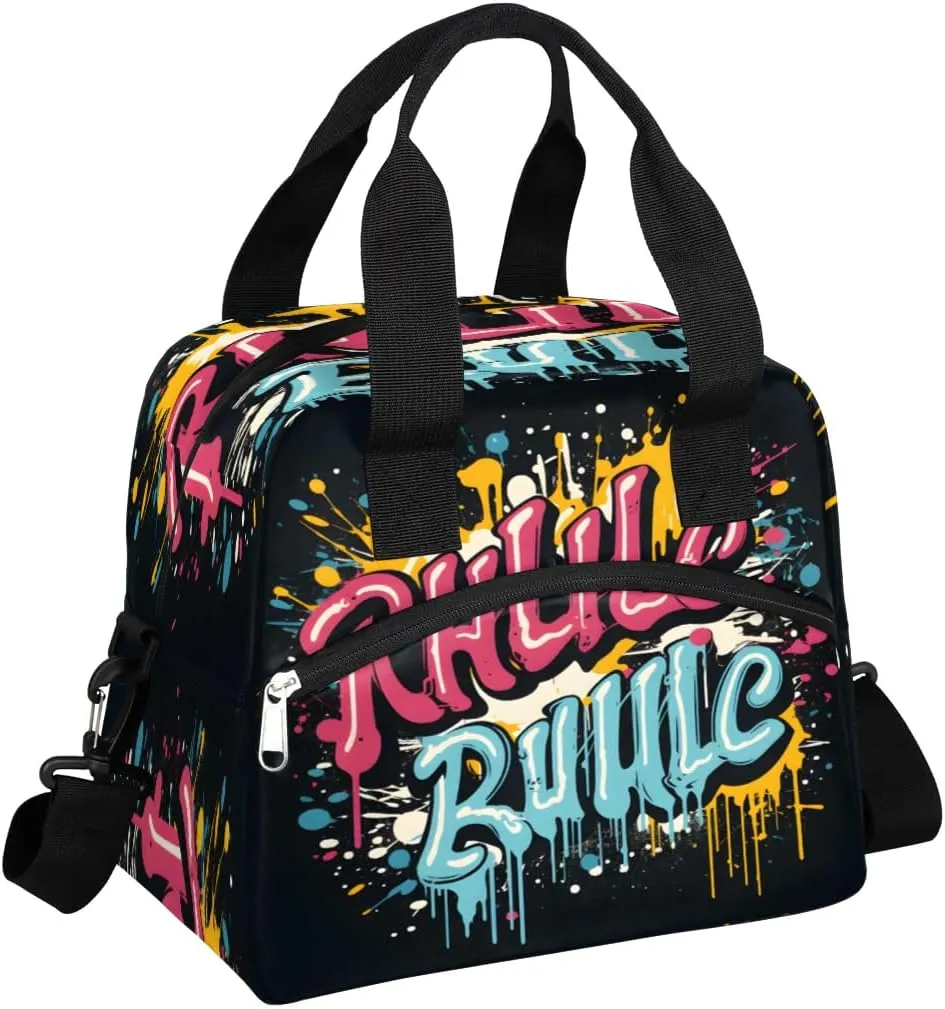 Insulated Lunch Bag Render Letter Doodle Lunch Box for Women Men Reusable Lunch Tote Bag with Adjustable Shoulder Belt Portable Lunchbox Cooler Bag Organizer for Office Work Picnic