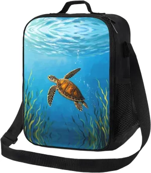 Insulated Lunch Bag with Shoulder Strap, Reusable Lunch Box with Handle, Leakproof Thermal Meal Cooler Travel Tote Shoulder Bag Handbags for Office Work Picnic, Sea Ocean Turtle Seaweed