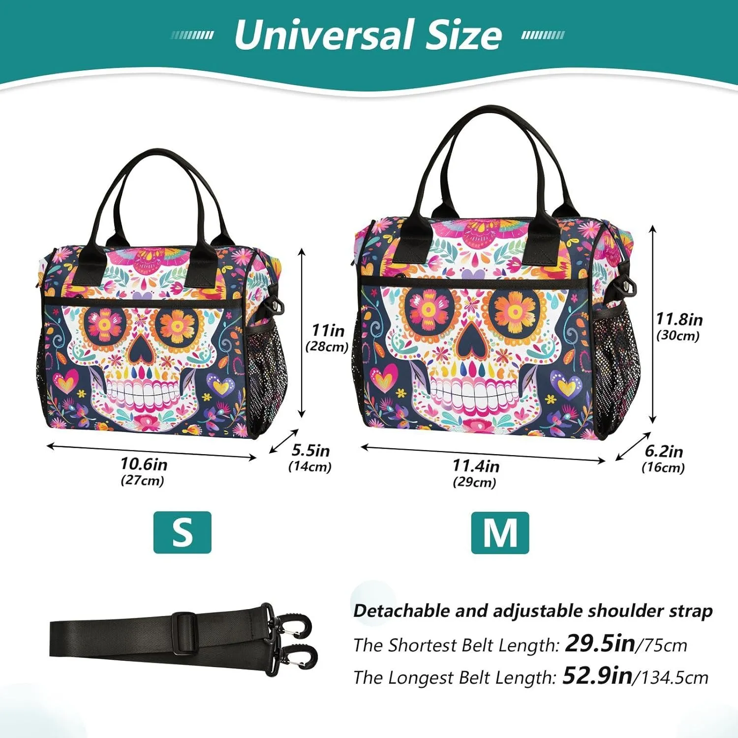 Insulated Lunch Bag Women - Skull Symphony Joy Skull Lunch Box for Men, Leak Resistant, Adjustable Shoulder Strap, Durability Nylon, for Work, Travel, Outdoor Activities