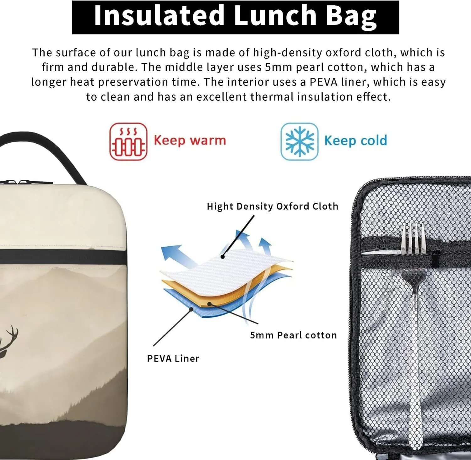 Insulated Lunch Box for Kids Boys Girls, Reusable Lunch Bag for School, Office, Work, Picnic, Travel, Mountain Deer Lunch Box