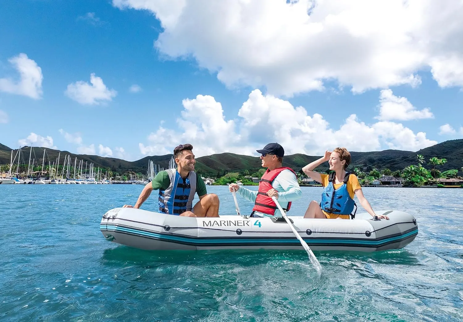 INTEX 68376EP Mariner 4 Inflatable Boat Set: Includes Deluxe 54in Boat Oars and High-Output Pump – Wear-Resistant Keel – Removable Fishing Rod Holders – 4-Person – 1100lb Weight Capacity