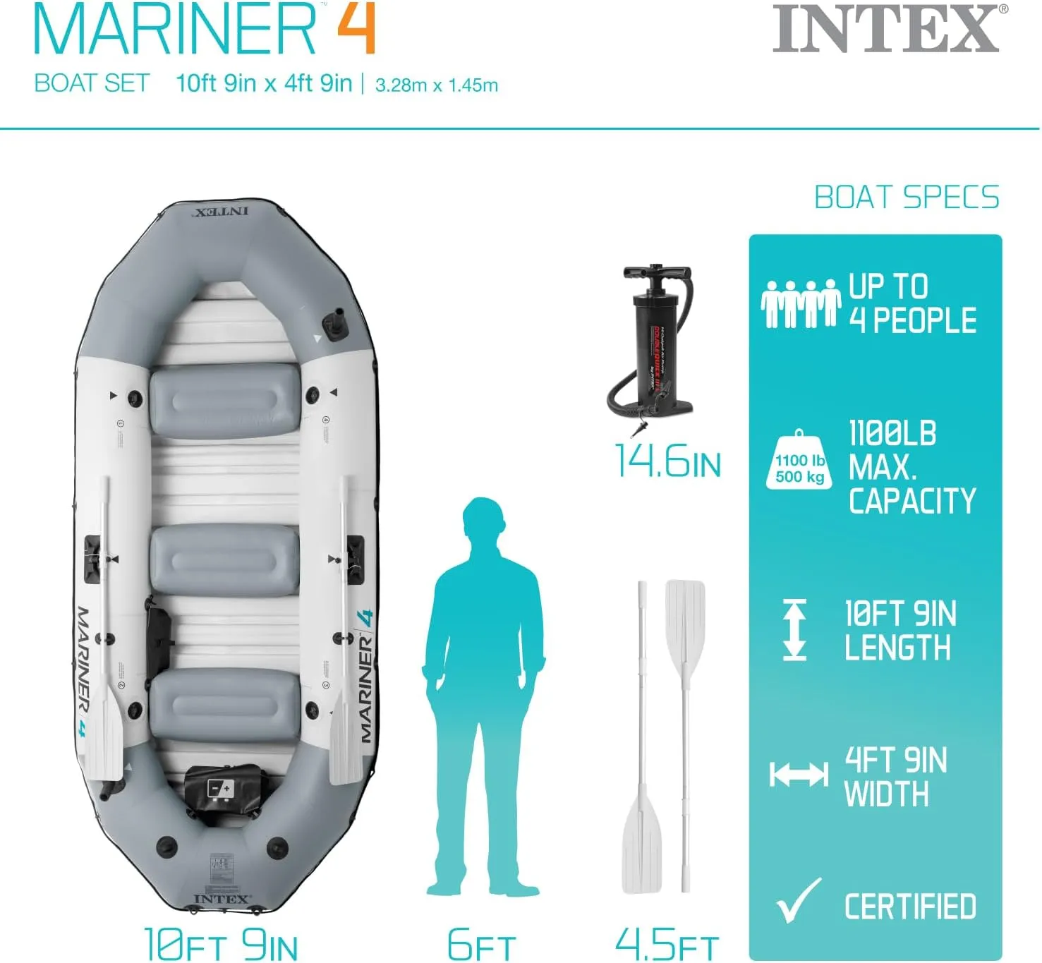 INTEX 68376EP Mariner 4 Inflatable Boat Set: Includes Deluxe 54in Boat Oars and High-Output Pump – Wear-Resistant Keel – Removable Fishing Rod Holders – 4-Person – 1100lb Weight Capacity