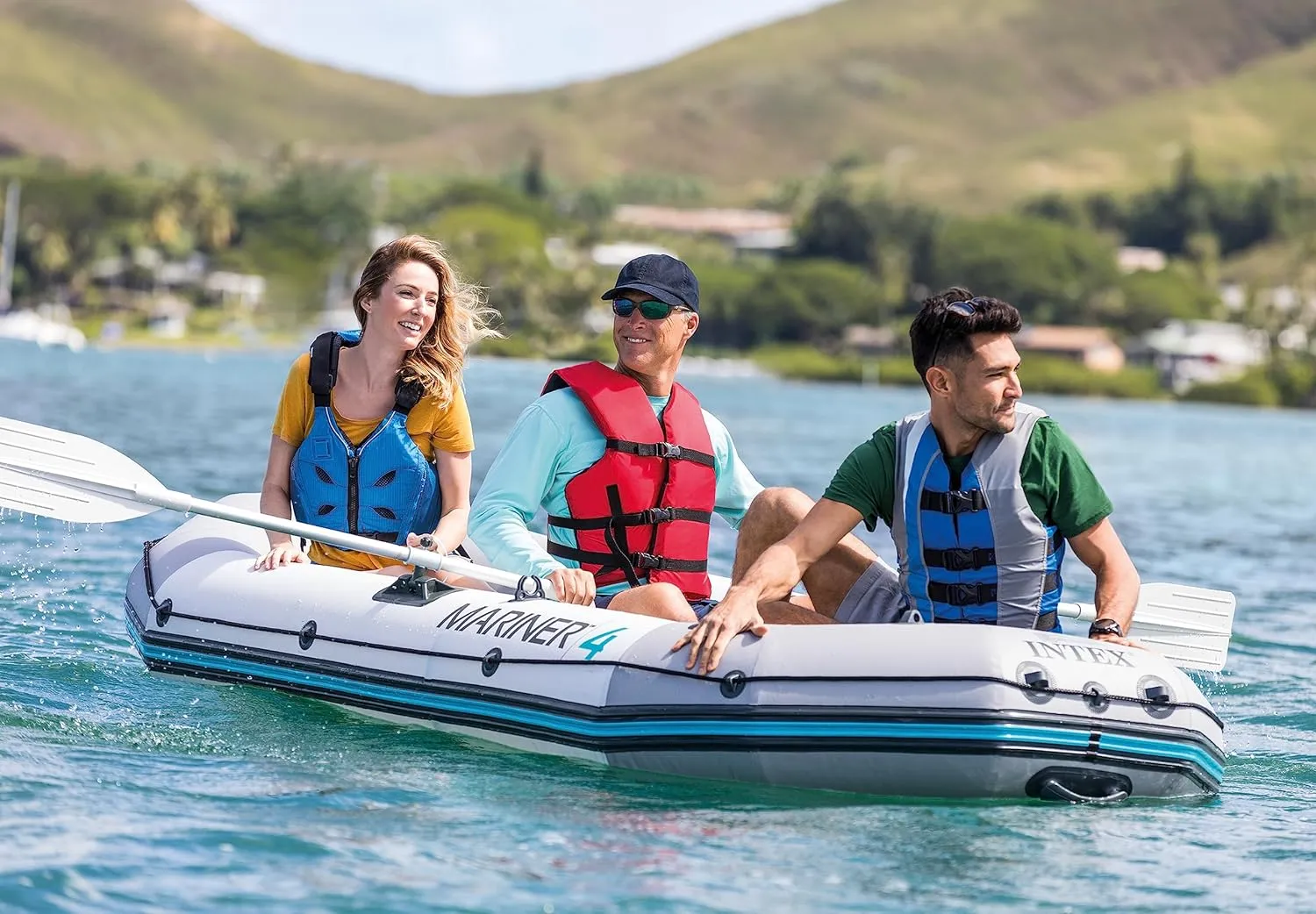 INTEX 68376EP Mariner 4 Inflatable Boat Set: Includes Deluxe 54in Boat Oars and High-Output Pump – Wear-Resistant Keel – Removable Fishing Rod Holders – 4-Person – 1100lb Weight Capacity