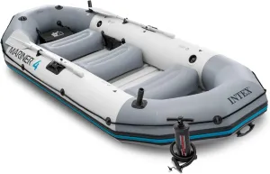 INTEX 68376EP Mariner 4 Inflatable Boat Set: Includes Deluxe 54in Boat Oars and High-Output Pump – Wear-Resistant Keel – Removable Fishing Rod Holders – 4-Person – 1100lb Weight Capacity