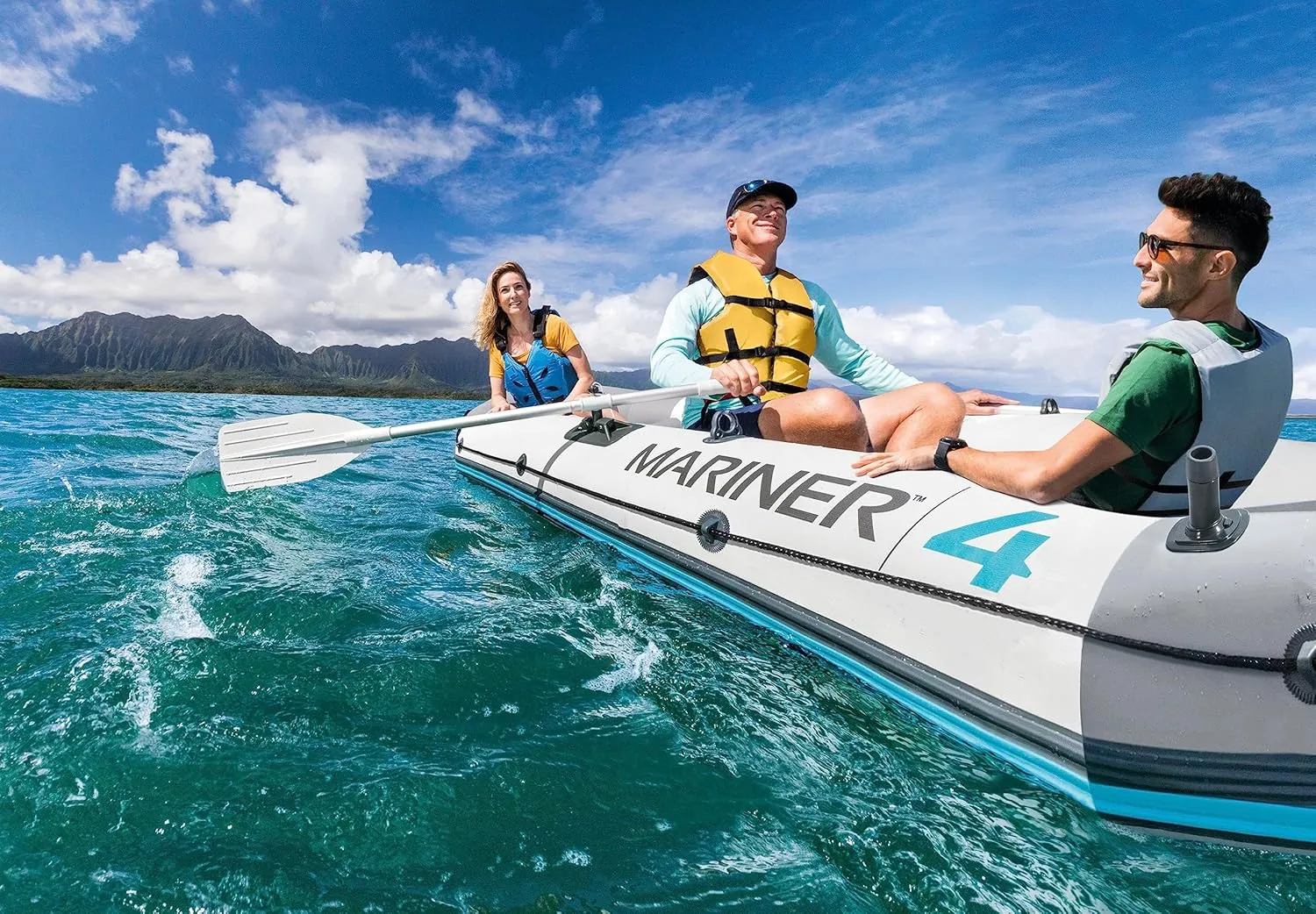 INTEX 68376EP Mariner 4 Inflatable Boat Set: Includes Deluxe 54in Boat Oars and High-Output Pump – Wear-Resistant Keel – Removable Fishing Rod Holders – 4-Person – 1100lb Weight Capacity