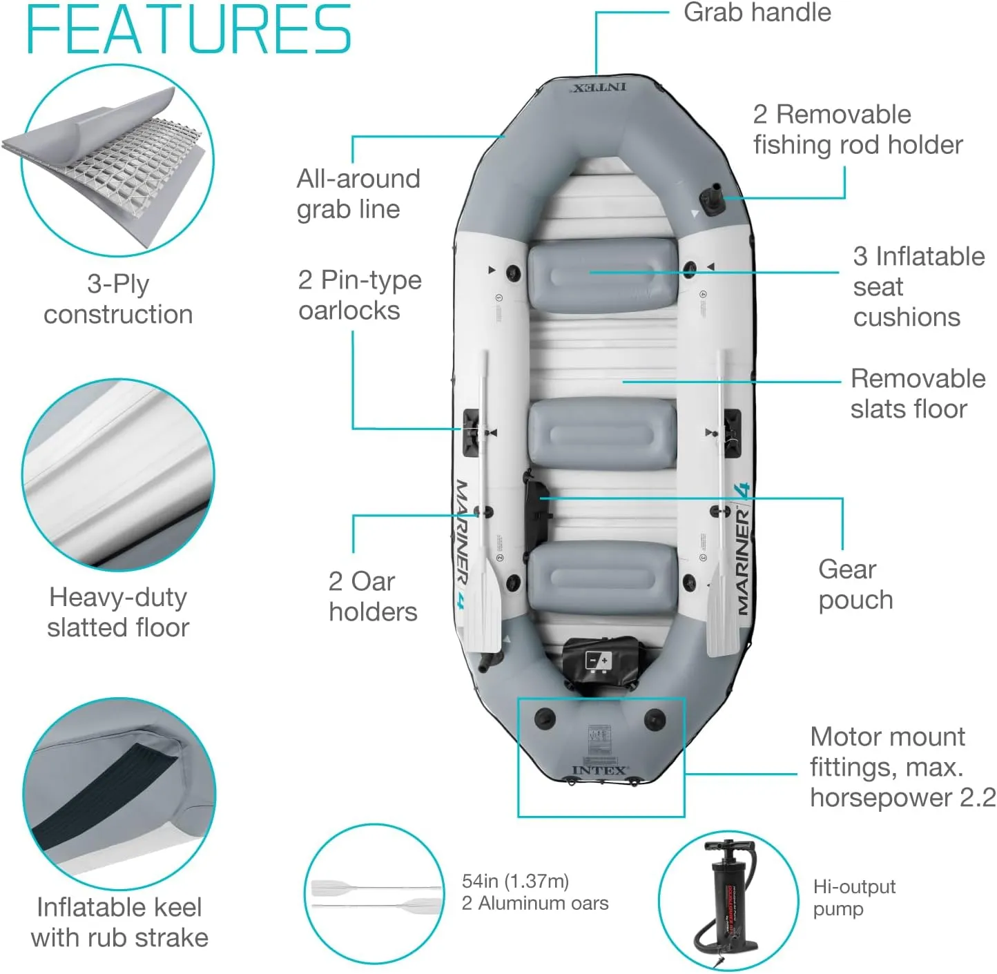 INTEX 68376EP Mariner 4 Inflatable Boat Set: Includes Deluxe 54in Boat Oars and High-Output Pump – Wear-Resistant Keel – Removable Fishing Rod Holders – 4-Person – 1100lb Weight Capacity