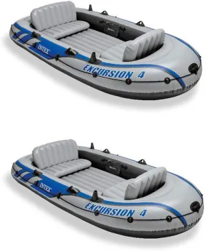 Intex Excursion Inflatable Rafting Fishing 4 Person Boat w/Oars & Pump (2 Pack)