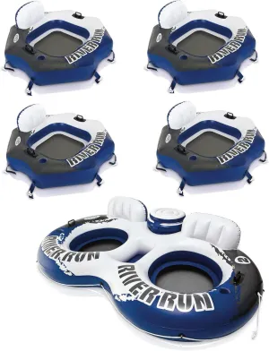Intex River Run Connect 1 Person Inflatable Water Raft (4 Pack) Bundled with River Run II 2 Person Inflatable Floating Lounge with Cooler