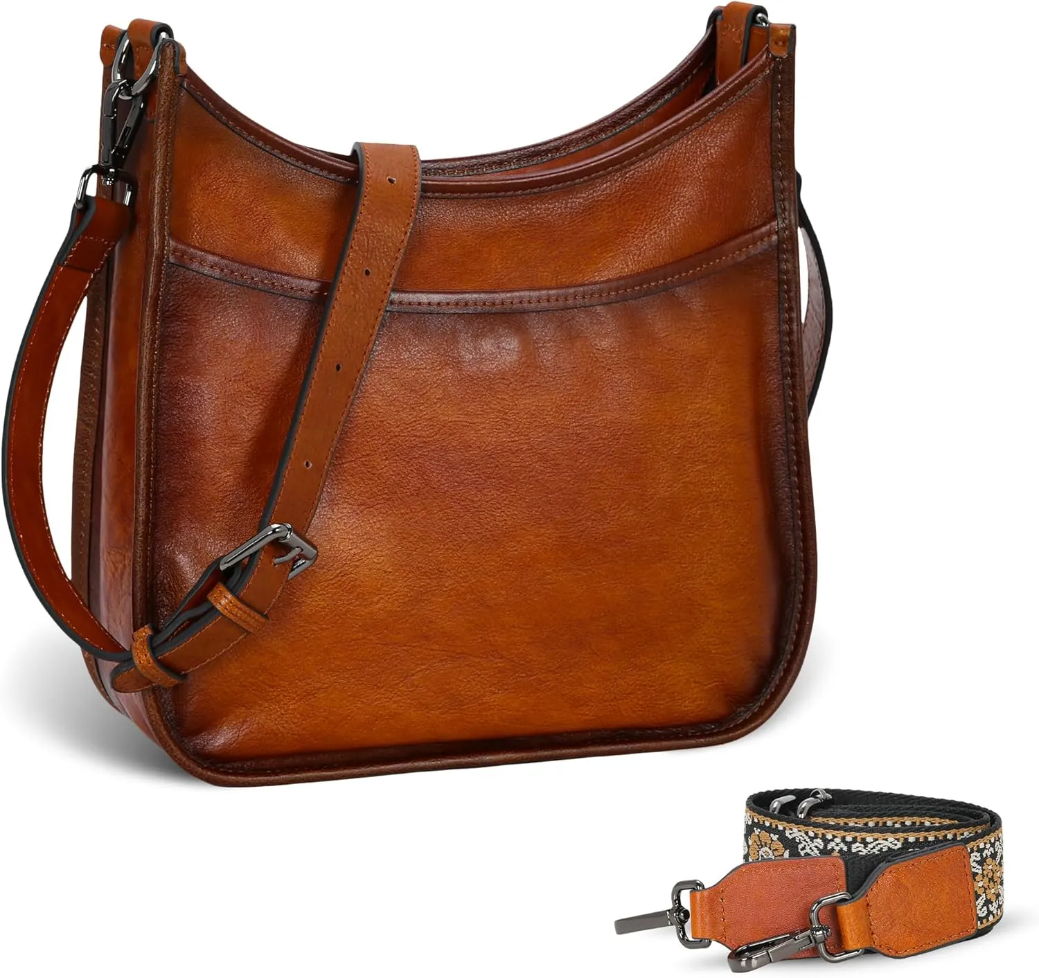 Iswee Crossbody Bags for Women Genuine Leather Purses Vintage Shoulder Handbags Travel Cross Body Bag with Boho Strap