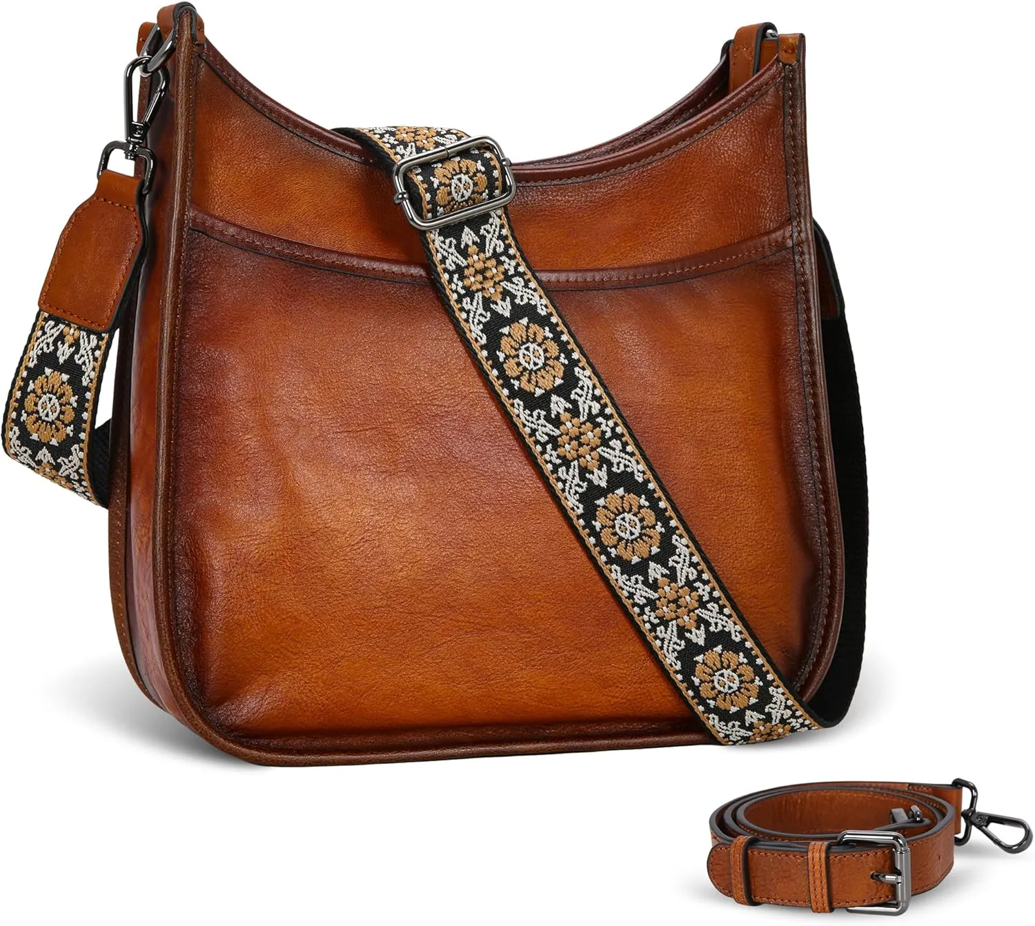Iswee Crossbody Bags for Women Genuine Leather Purses Vintage Shoulder Handbags Travel Cross Body Bag with Boho Strap