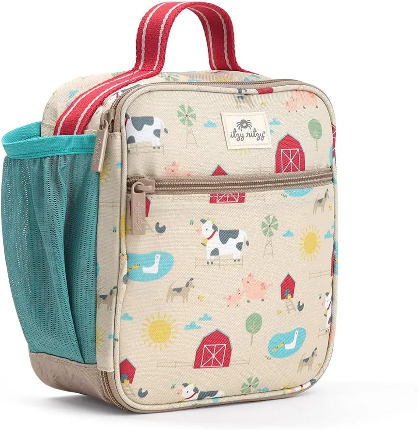 Itzy Ritzy Toddler Lunch Box - Kids Lunch Bag is Insulated and Includes Water Bottle Holder Plus 2 Pockets - Durable, Easy to Clean Toddler Bag (Farm)