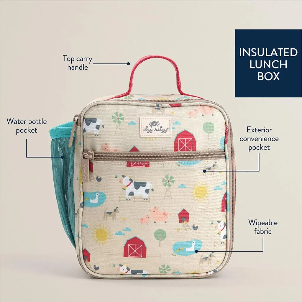 Itzy Ritzy Toddler Lunch Box - Kids Lunch Bag is Insulated and Includes Water Bottle Holder Plus 2 Pockets - Durable, Easy to Clean Toddler Bag (Farm)