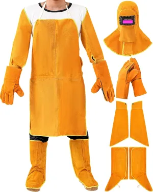 Jecery 5 Pcs Welding Flame Resistant 5 in 1 Set Include Cowhide Leather Welding Apron gloves sleeves spats Boot Covers and Hood with Light Lens and Neck Shoulder Protection