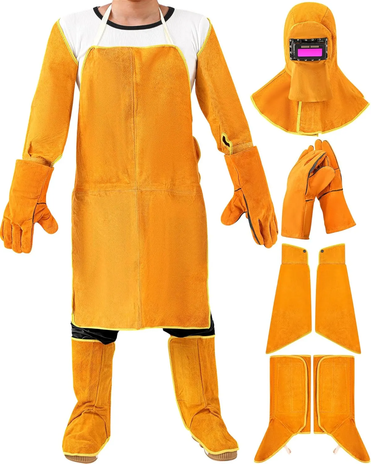 Jecery 5 Pcs Welding Flame Resistant 5 in 1 Set Include Cowhide Leather Welding Apron gloves sleeves spats Boot Covers and Hood with Light Lens and Neck Shoulder Protection