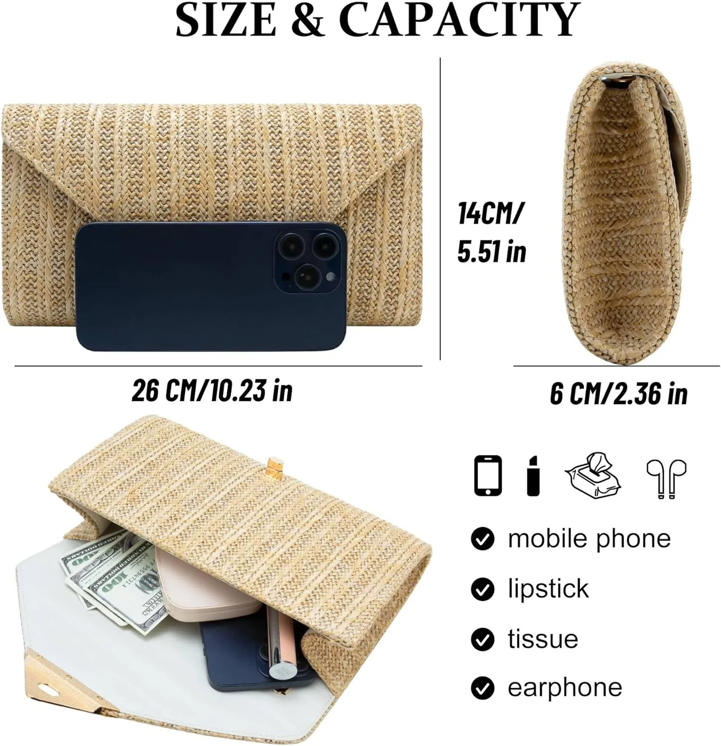 jessie Straw Clutch Purse for Women Summer Woven Beach Bag Rattan Crossbody Evening Purses Vacation Handbags for Party