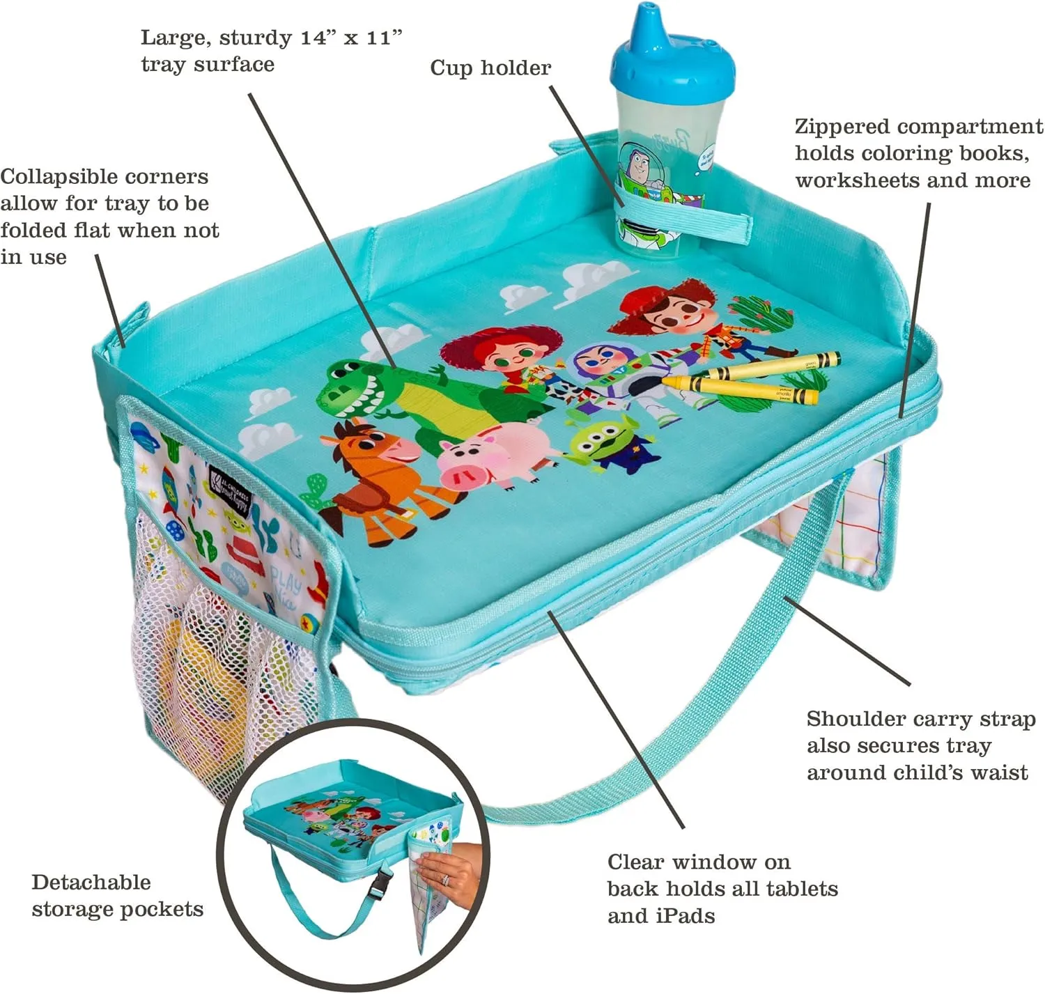 J.L. Childress Disney Baby 3-in-1 Travel Tray & iPad Tablet Holder - Car Seat Lap Tray for Toddlers, Kids - Use on Airplanes, Road Trips, Lap Desk - Tablet Holder and Carry Bag - Toy Story