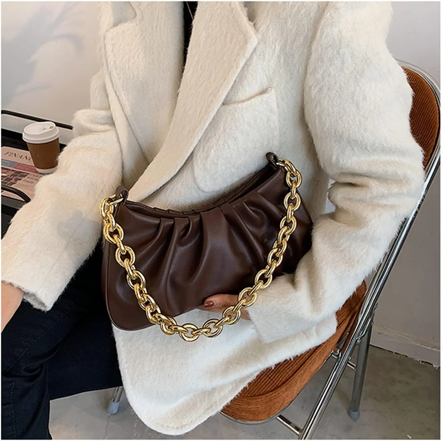 JOLLQUE Shoulder Bag for Women,Small Leather Dumpling Bags Handbag Purse,Gold Chain Evening Clutch Purses