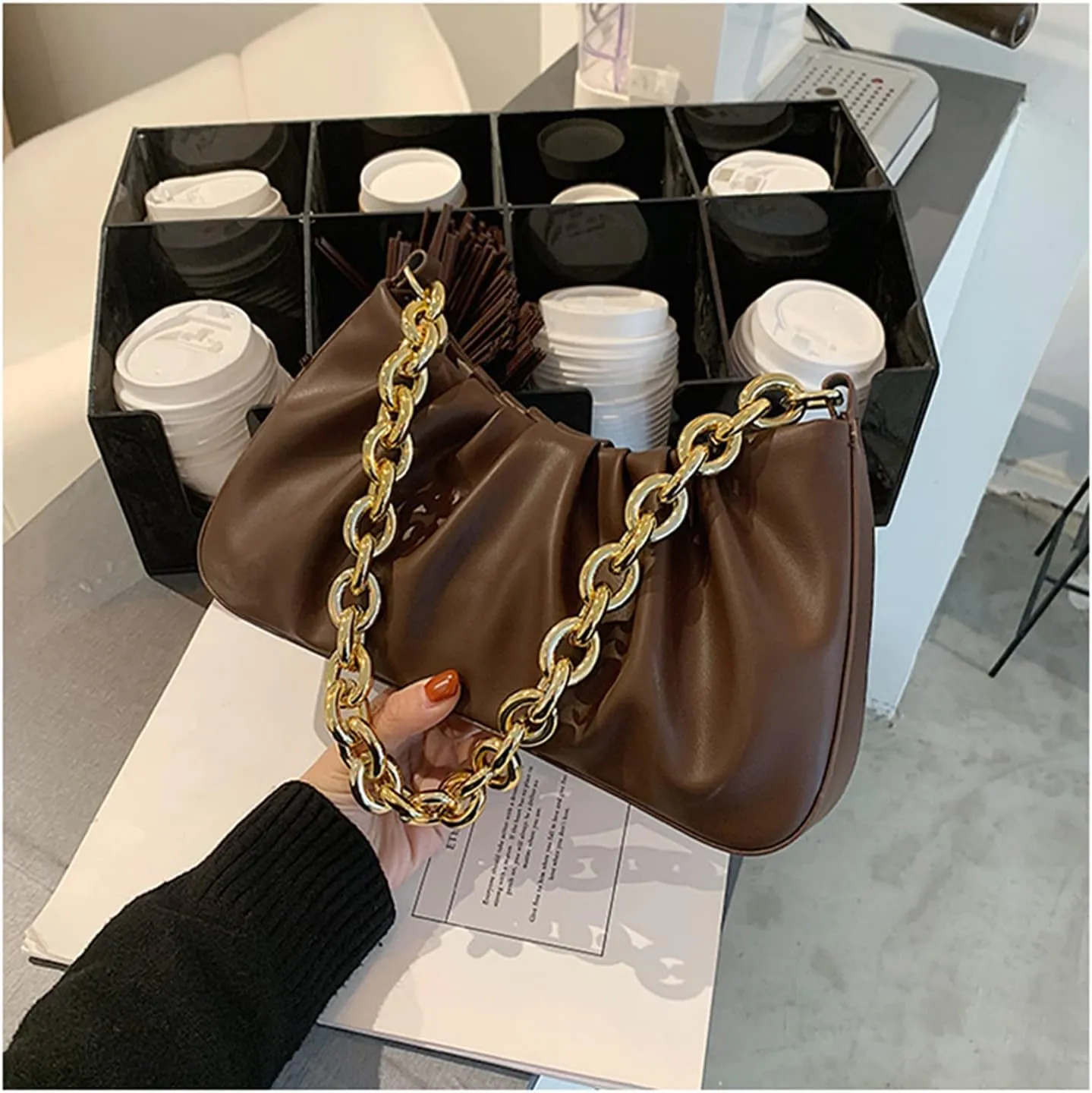 JOLLQUE Shoulder Bag for Women,Small Leather Dumpling Bags Handbag Purse,Gold Chain Evening Clutch Purses
