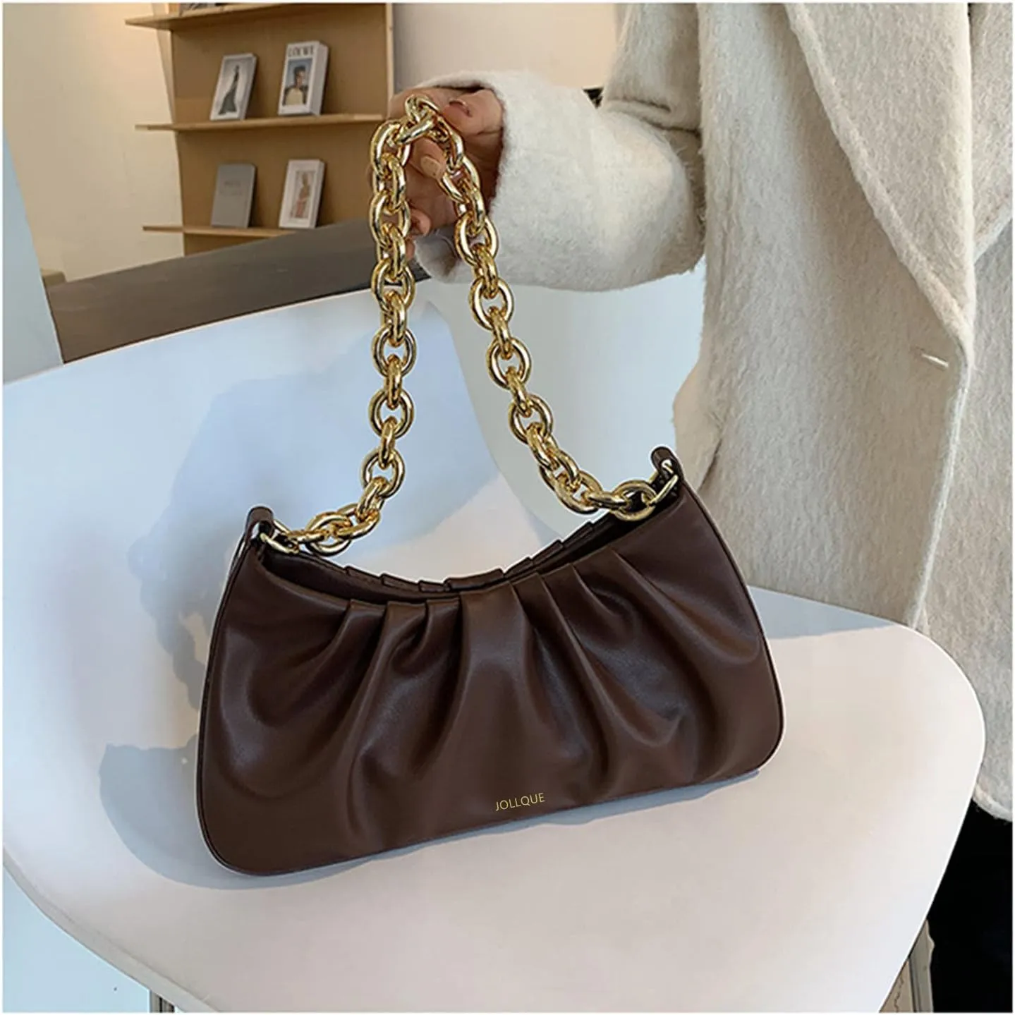 JOLLQUE Shoulder Bag for Women,Small Leather Dumpling Bags Handbag Purse,Gold Chain Evening Clutch Purses