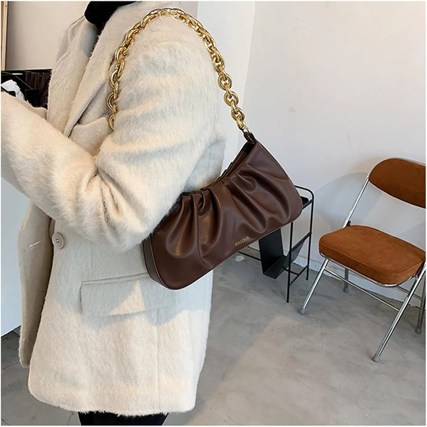 JOLLQUE Shoulder Bag for Women,Small Leather Dumpling Bags Handbag Purse,Gold Chain Evening Clutch Purses