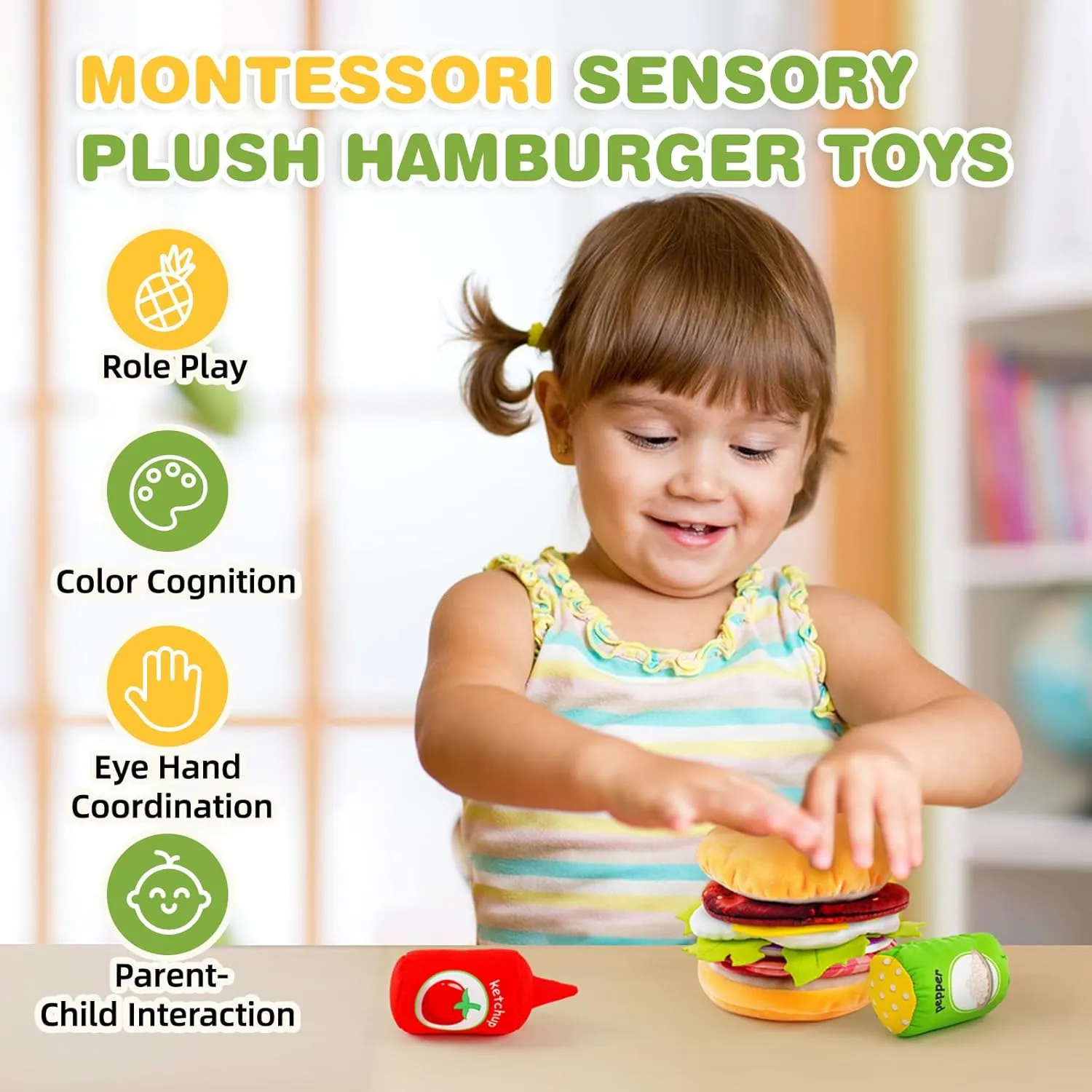 Jollybaby Plush Stuffed Hamburger Fast Food Toy for Baby, Felt Pretend Fake Play Food Toy for Toddler, Soft Cloth Fabric Montessori Sensory Toy for Newborn Baby Boy Girl Gifts