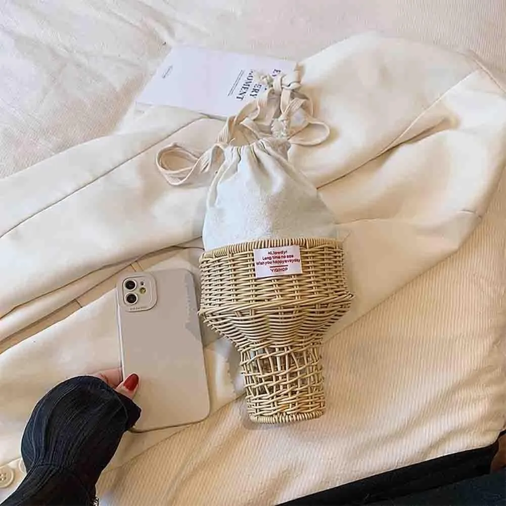 Kawaii Ice Cream Rattan Shoulder Bag, Hollow Plush Cone Crossbody Bag, Women’s Hand-woven Wicker Boho Beach Holiday Purse