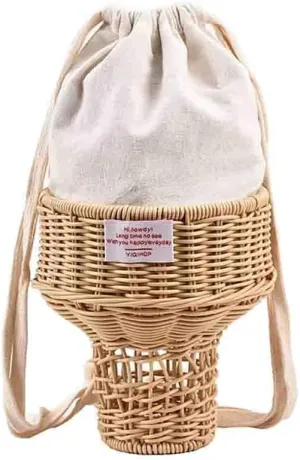 Kawaii Ice Cream Rattan Shoulder Bag, Hollow Plush Cone Crossbody Bag, Women’s Hand-woven Wicker Boho Beach Holiday Purse