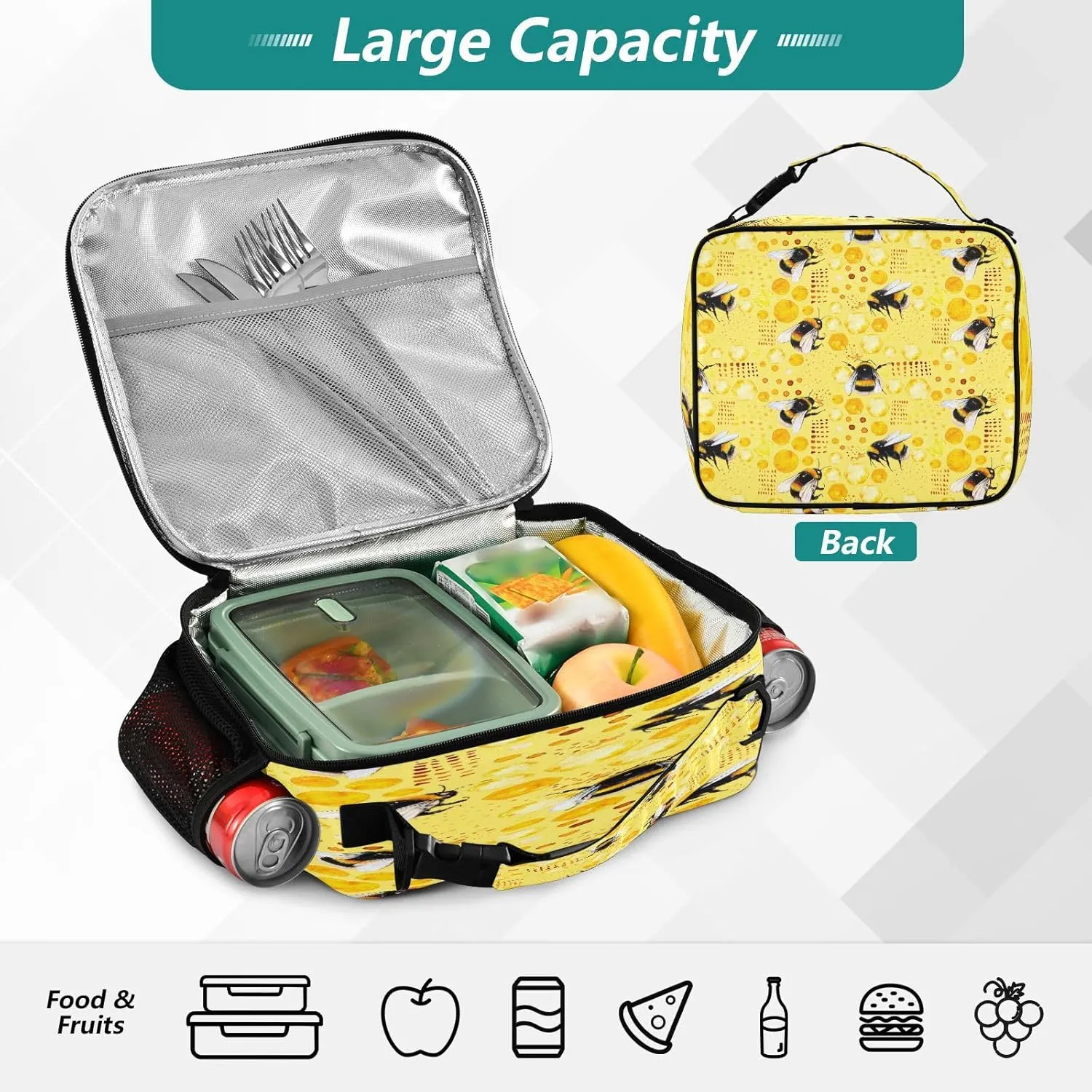 Kcldeci Custom Insulated Lunch Box for Girls Boys,Watercolor Bumble Bees Bee Pollen Honey Comb Personalized Insulated Lunch Box Customized Reusable Lunch Bag