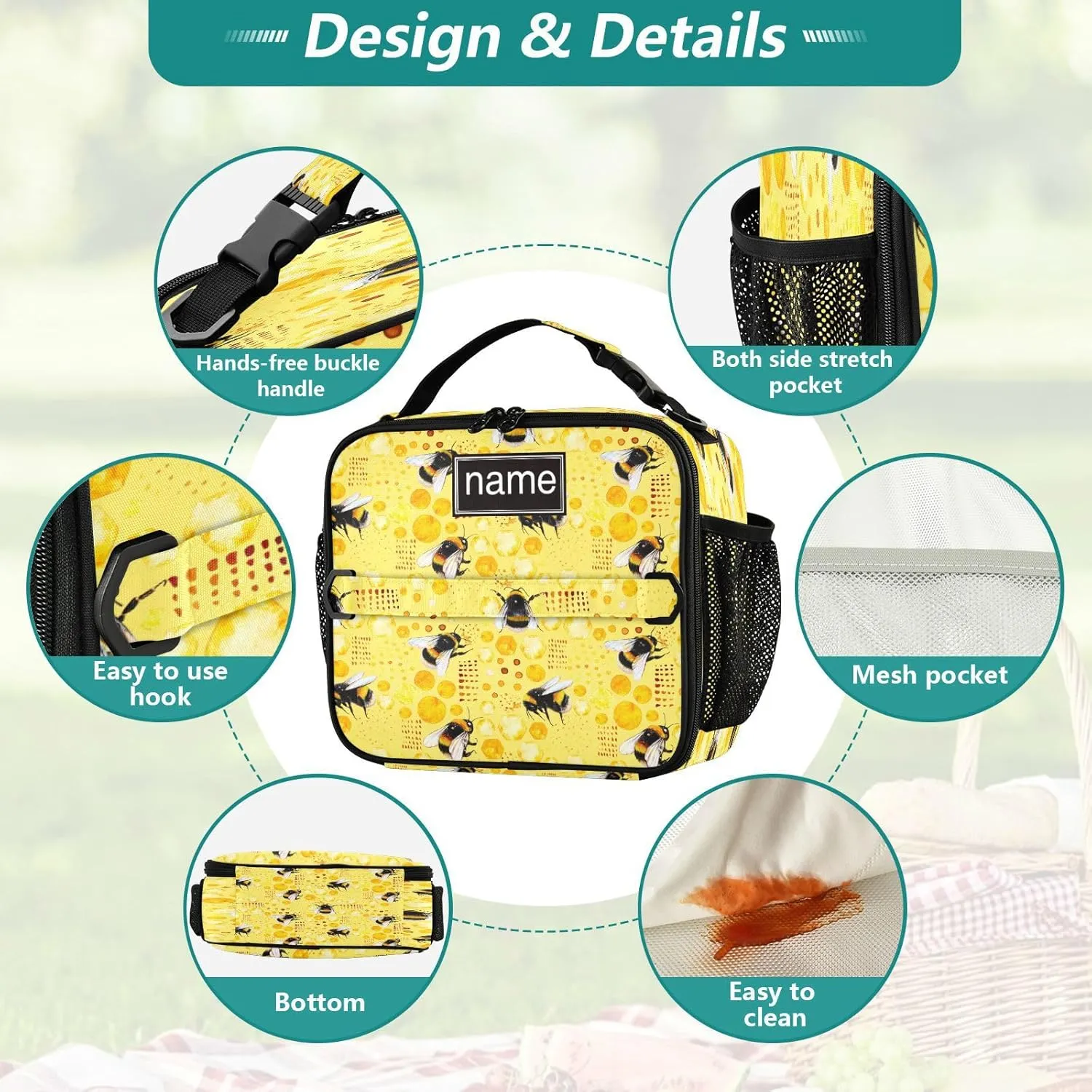 Kcldeci Custom Insulated Lunch Box for Girls Boys,Watercolor Bumble Bees Bee Pollen Honey Comb Personalized Insulated Lunch Box Customized Reusable Lunch Bag