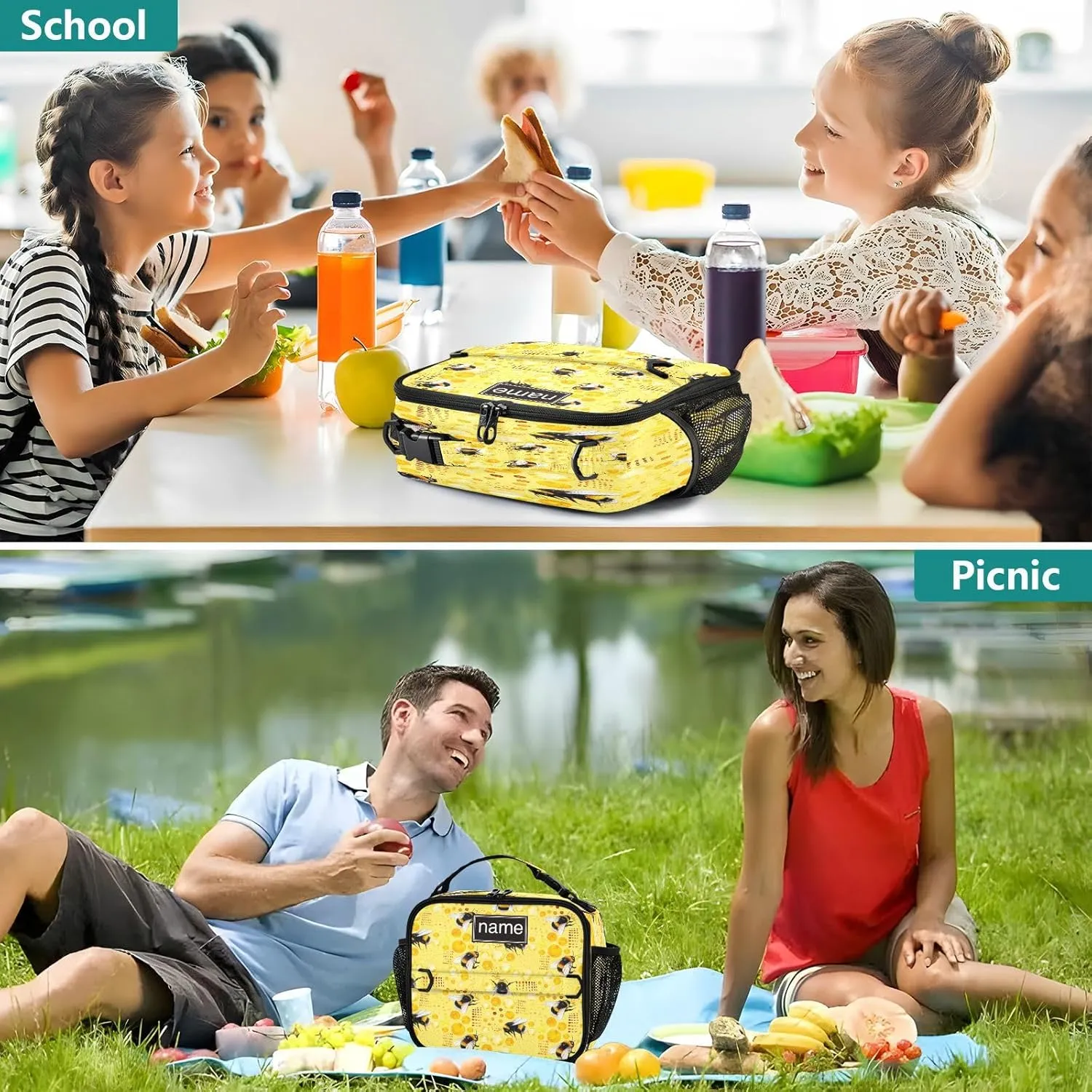 Kcldeci Custom Insulated Lunch Box for Girls Boys,Watercolor Bumble Bees Bee Pollen Honey Comb Personalized Insulated Lunch Box Customized Reusable Lunch Bag