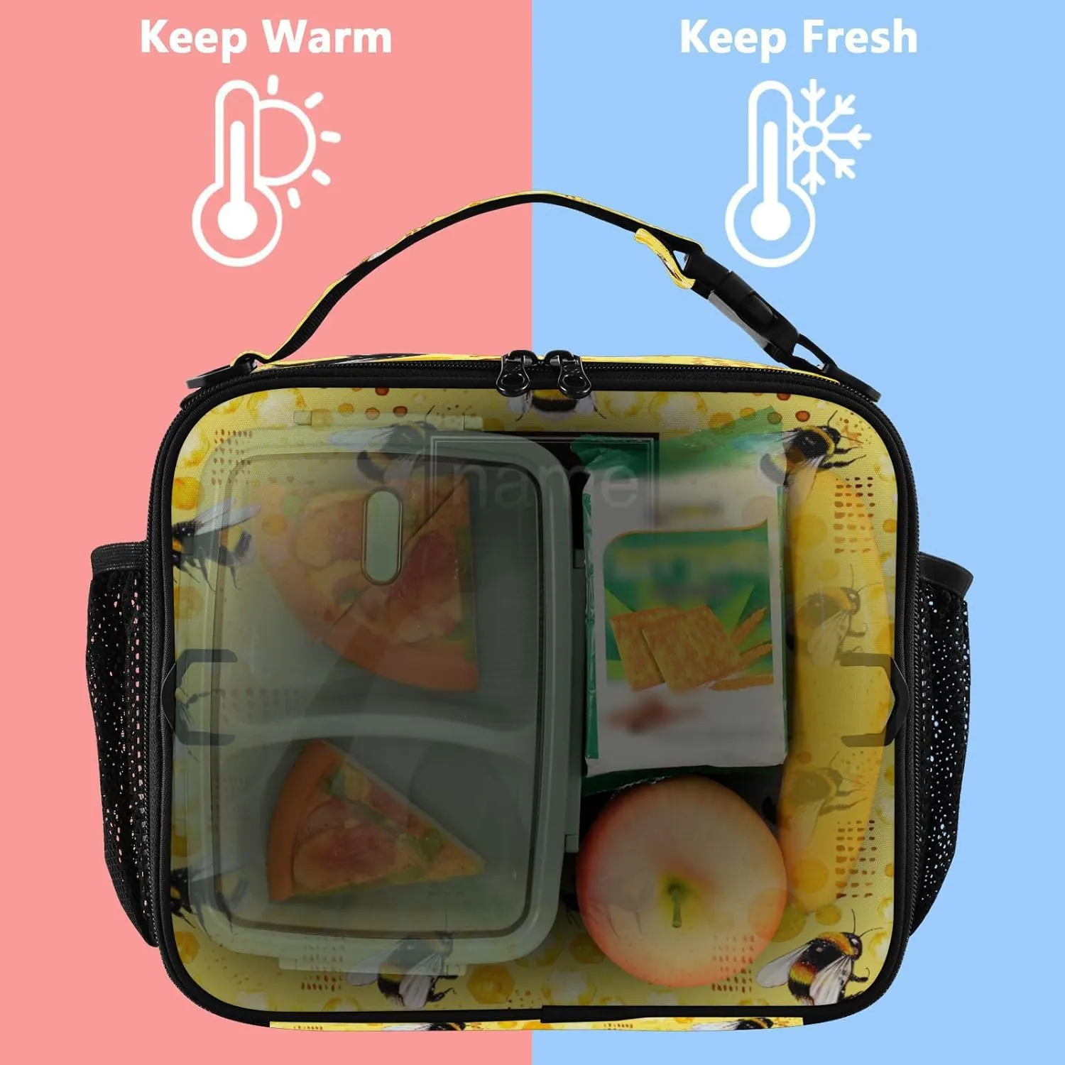 Kcldeci Custom Insulated Lunch Box for Girls Boys,Watercolor Bumble Bees Bee Pollen Honey Comb Personalized Insulated Lunch Box Customized Reusable Lunch Bag