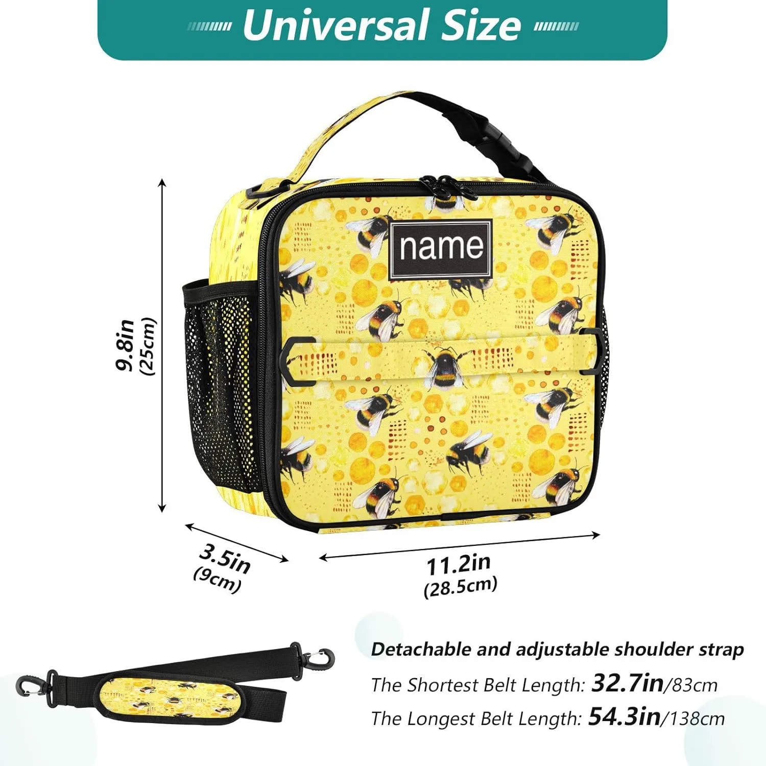 Kcldeci Custom Insulated Lunch Box for Girls Boys,Watercolor Bumble Bees Bee Pollen Honey Comb Personalized Insulated Lunch Box Customized Reusable Lunch Bag