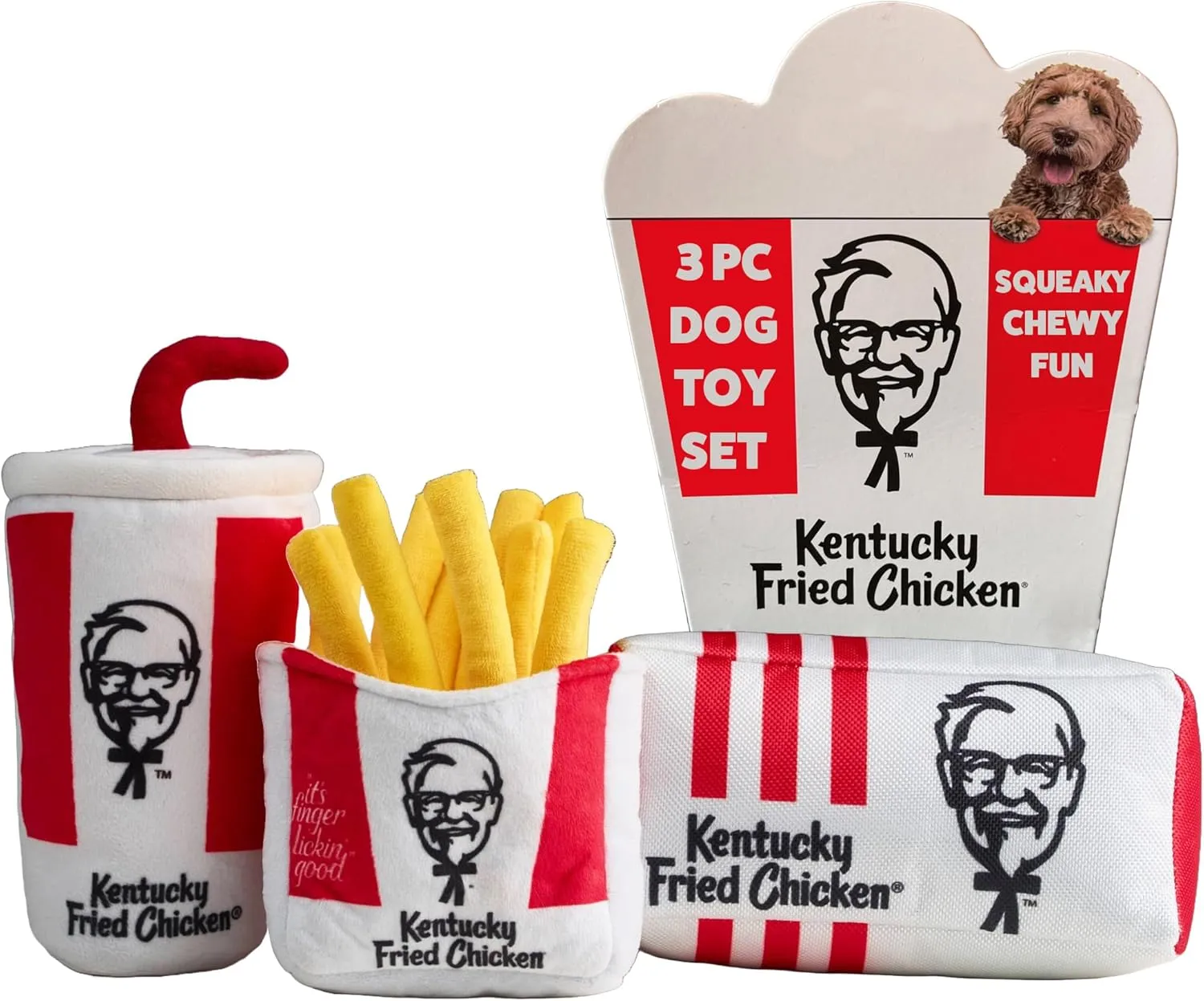 KFC Chicken Box Meal – 3-Piece Dog Toy Set - Chicken Box, French Fries & Soda – Fun Food-Themed Crinkle & Squeaky Interactive Plush Toys for Medium Dogs & Moderate Chewers