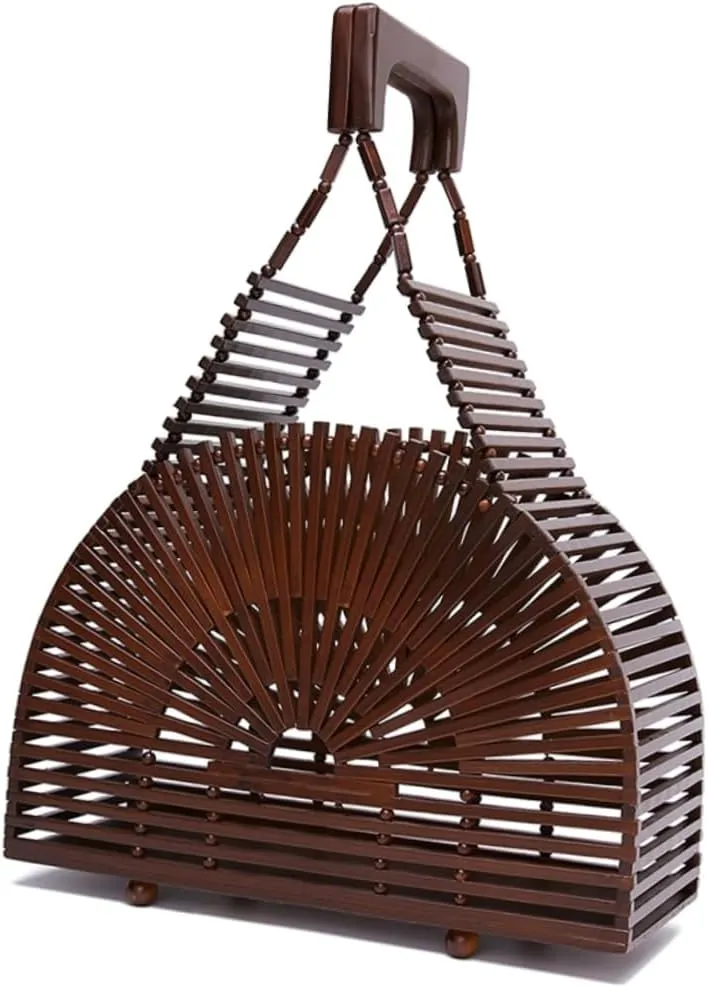 Khaki Women Handbag Bamboo Bag Semicircle Purse Foldable Beach Bag Stylish Purse Random