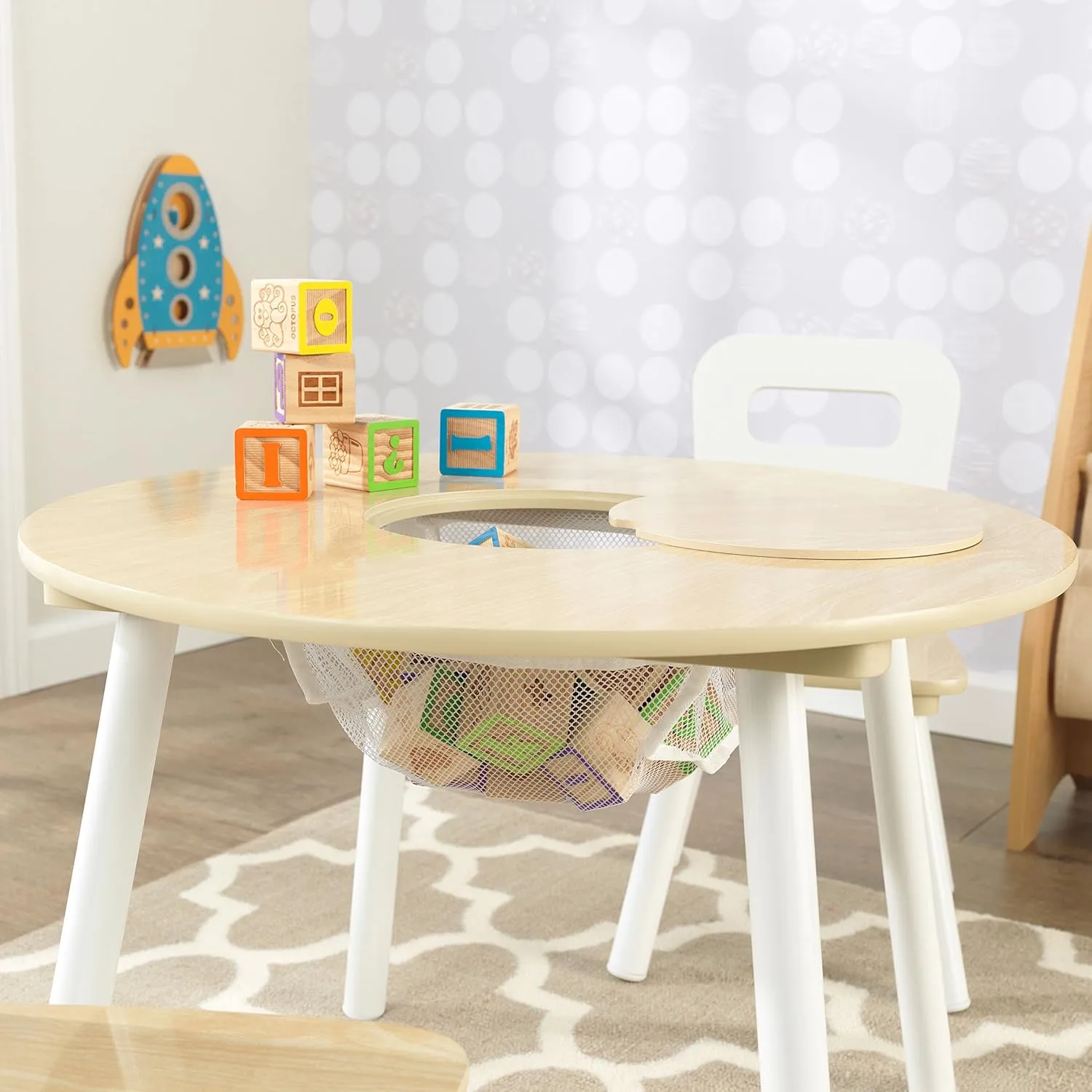 KidKraft Wooden Round Table & 2 Chair Set with Center Mesh Storage - Natural & White, Gift for Ages 3-6