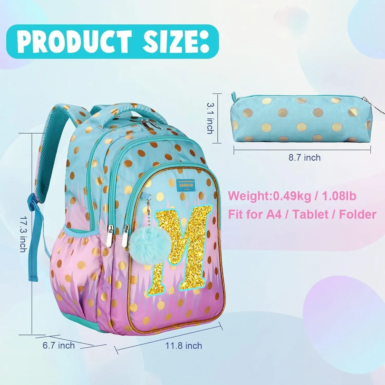 Kids Backpack with Pencil Case, Glitter Galaxy Elementary School Girls School Bag Large 16 Inch Bookbag with Letter M Sparkling Sequin Tower Design