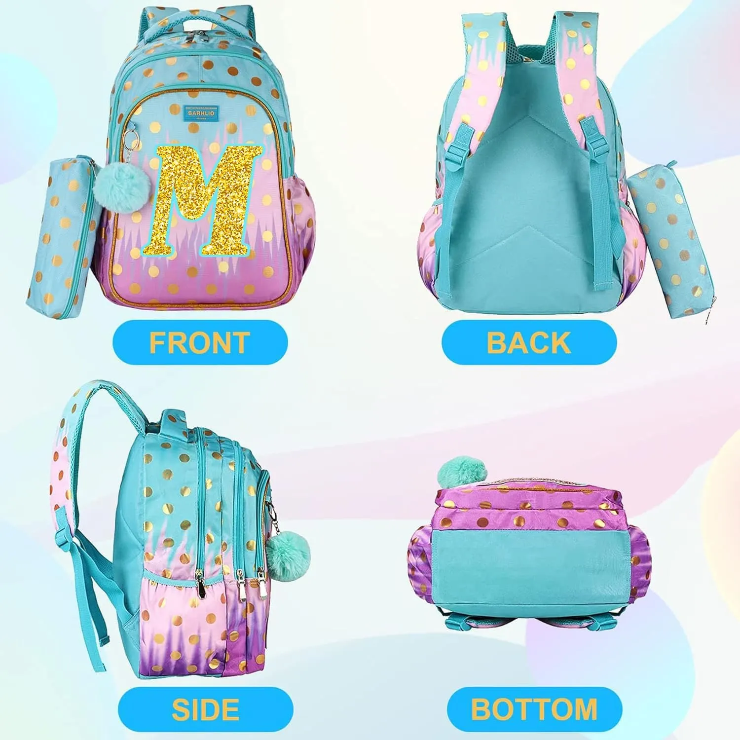 Kids Backpack with Pencil Case, Glitter Galaxy Elementary School Girls School Bag Large 16 Inch Bookbag with Letter M Sparkling Sequin Tower Design