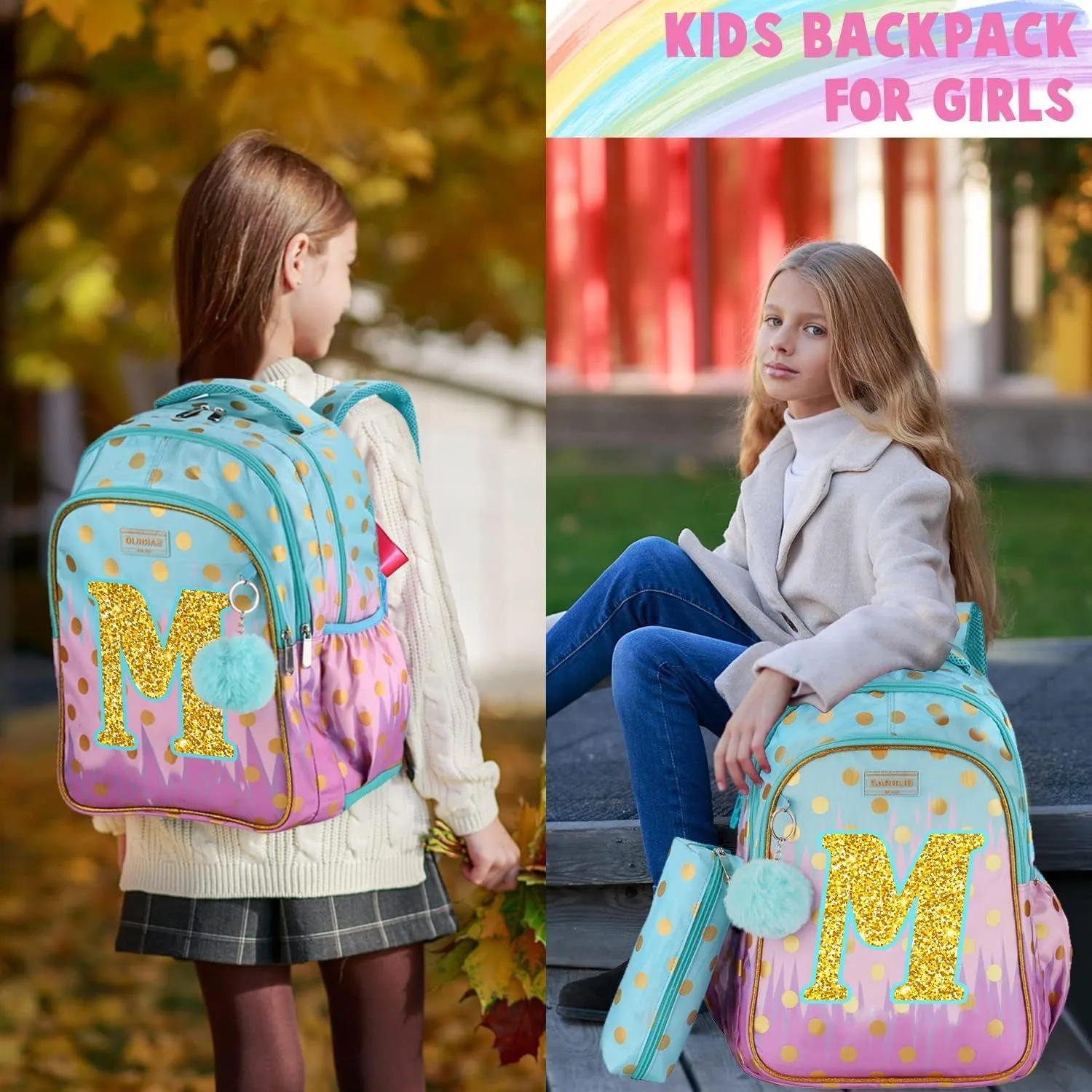 Kids Backpack with Pencil Case, Glitter Galaxy Elementary School Girls School Bag Large 16 Inch Bookbag with Letter M Sparkling Sequin Tower Design