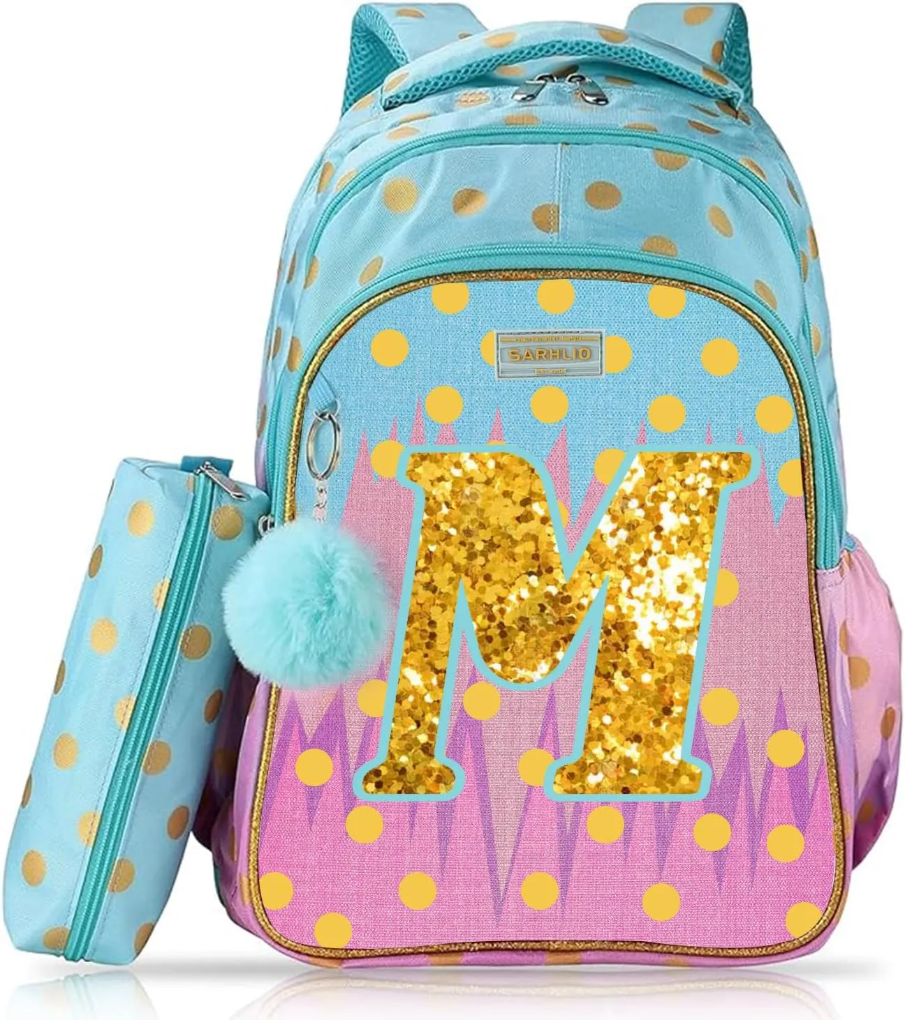 Kids Backpack with Pencil Case, Glitter Galaxy Elementary School Girls School Bag Large 16 Inch Bookbag with Letter M Sparkling Sequin Tower Design