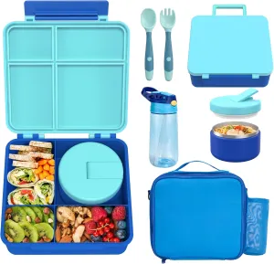 Kids Bento Lunch Box with 8oz Soup Thermo, Water Bottle, Kids Leakproof Lunch Food Containers with 4 Compartment, Kids Insulated Hot Food Jar with Lunch Bag for School, Trvael (Blue), Middle