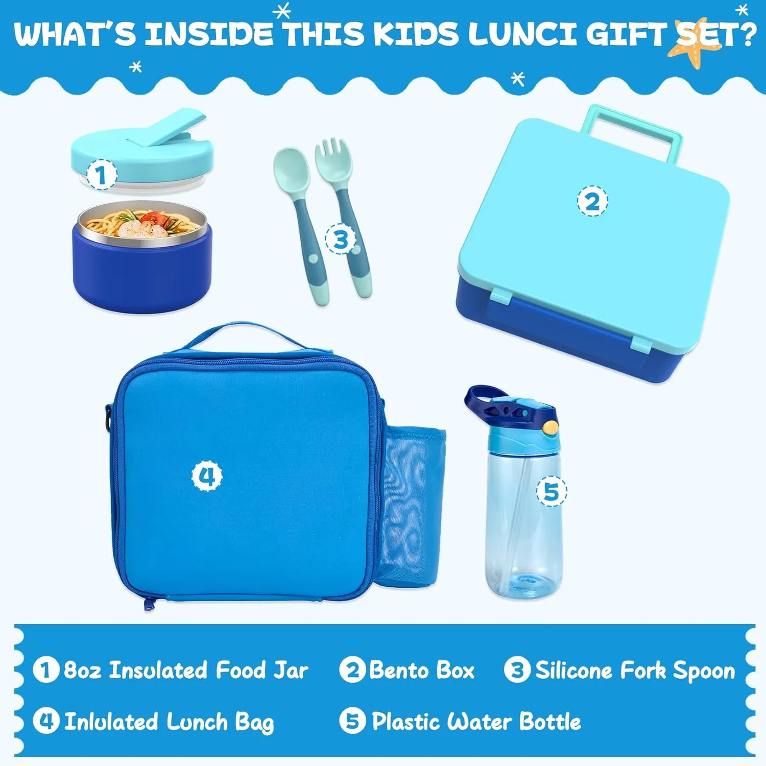 Kids Bento Lunch Box with 8oz Soup Thermo, Water Bottle, Kids Leakproof Lunch Food Containers with 4 Compartment, Kids Insulated Hot Food Jar with Lunch Bag for School, Trvael (Blue), Middle