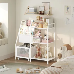 Kids Bookshelf and Toy Storage Organizer, 3-Tier Toddler Book Shelf with Movable Drawer, Toddler Bookcase for Kids Room, Nursery, Living Room, Playroom, White KBWT7901