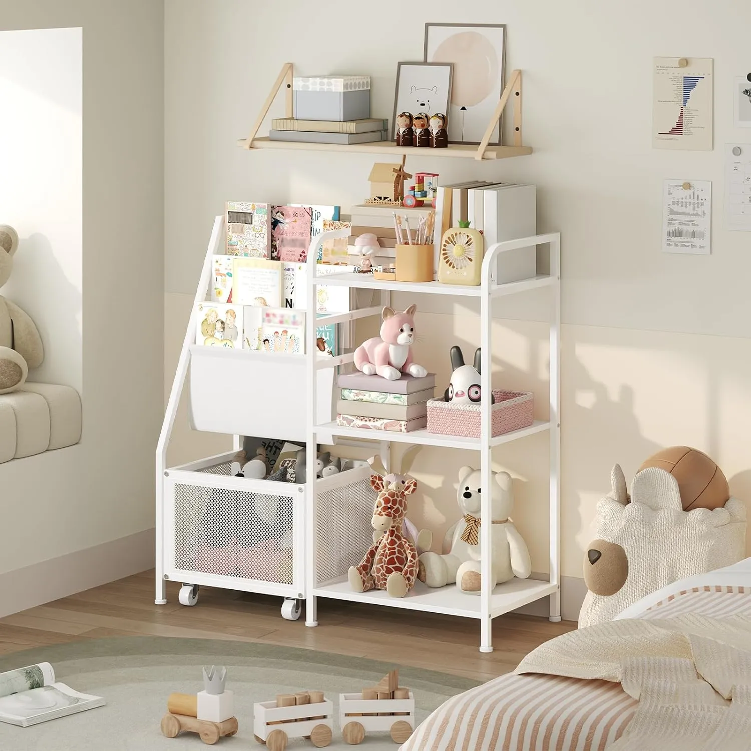 Kids Bookshelf and Toy Storage Organizer, 3-Tier Toddler Book Shelf with Movable Drawer, Toddler Bookcase for Kids Room, Nursery, Living Room, Playroom, White KBWT7901