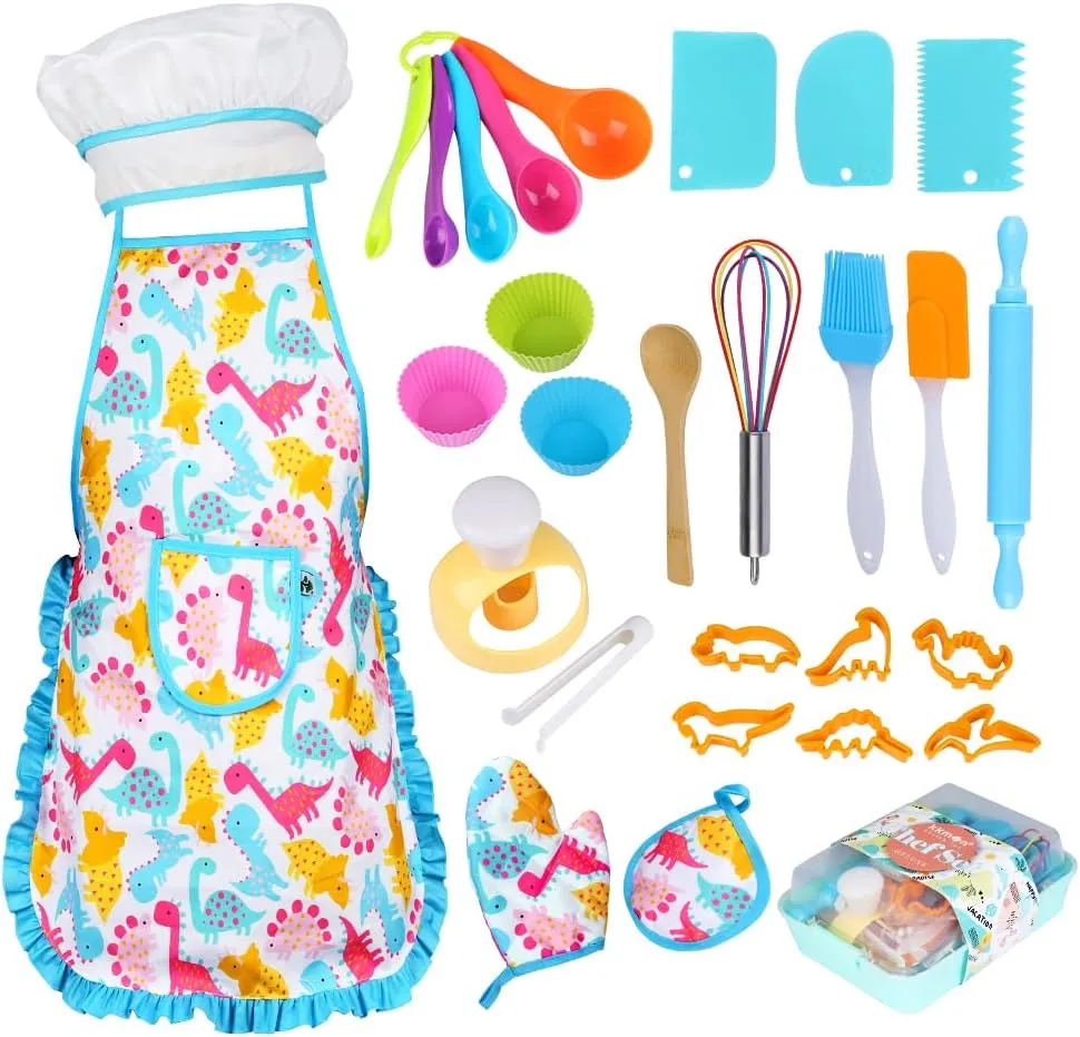 Kids Cooking and Baking Set - 28Pcs Includes Kids Chef Hat and Dinosaur Apron ,Oven Mitt and Cooking Utensils , Dress Up Chef Role Play Costume for Toddlers Age 3  Years Old Girls Boys Toys Gift