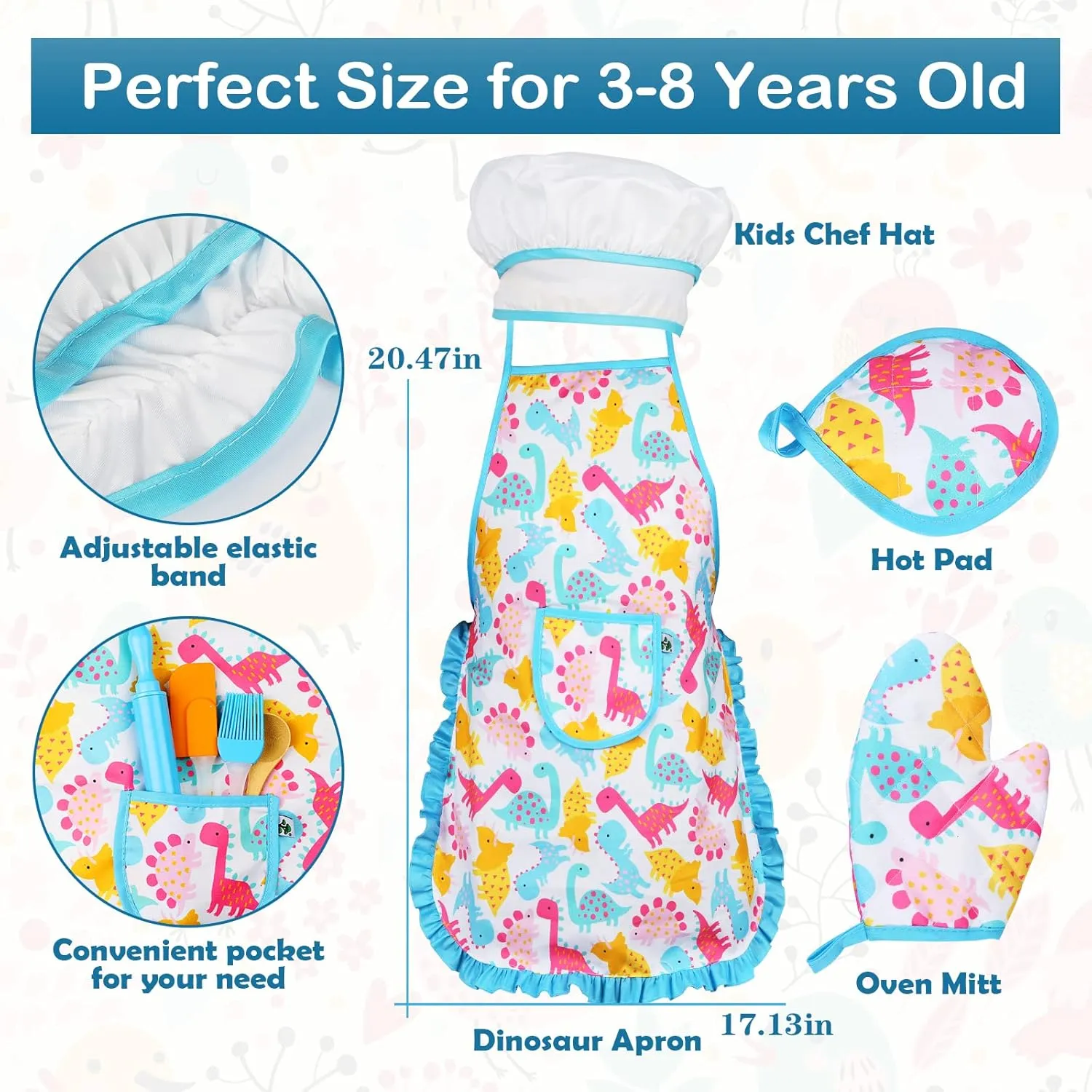 Kids Cooking and Baking Set - 28Pcs Includes Kids Chef Hat and Dinosaur Apron ,Oven Mitt and Cooking Utensils , Dress Up Chef Role Play Costume for Toddlers Age 3  Years Old Girls Boys Toys Gift