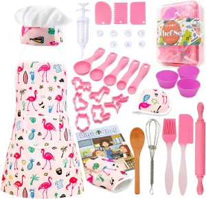 Kids Cooking and Baking Set - 34 Pcs Kids Chef Role Play Costume Set with Apron, Chef Hat, Mitt, Pastry Injector, Cookie Cutters & Utensil for Toddler Little Kids Age 3  Years Old Girls Toys