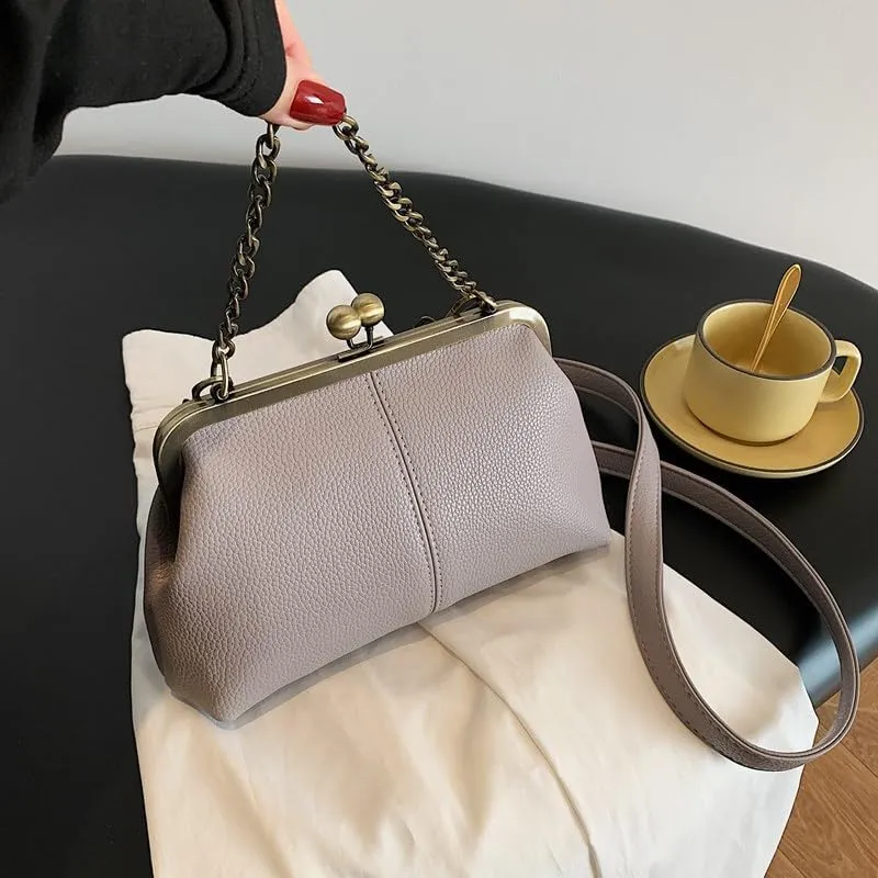 Kiss Lock Purses and Handbags for Women Kisslock Crossbody Bag Faux Leather Clutch Purse Trendy Evening Bag